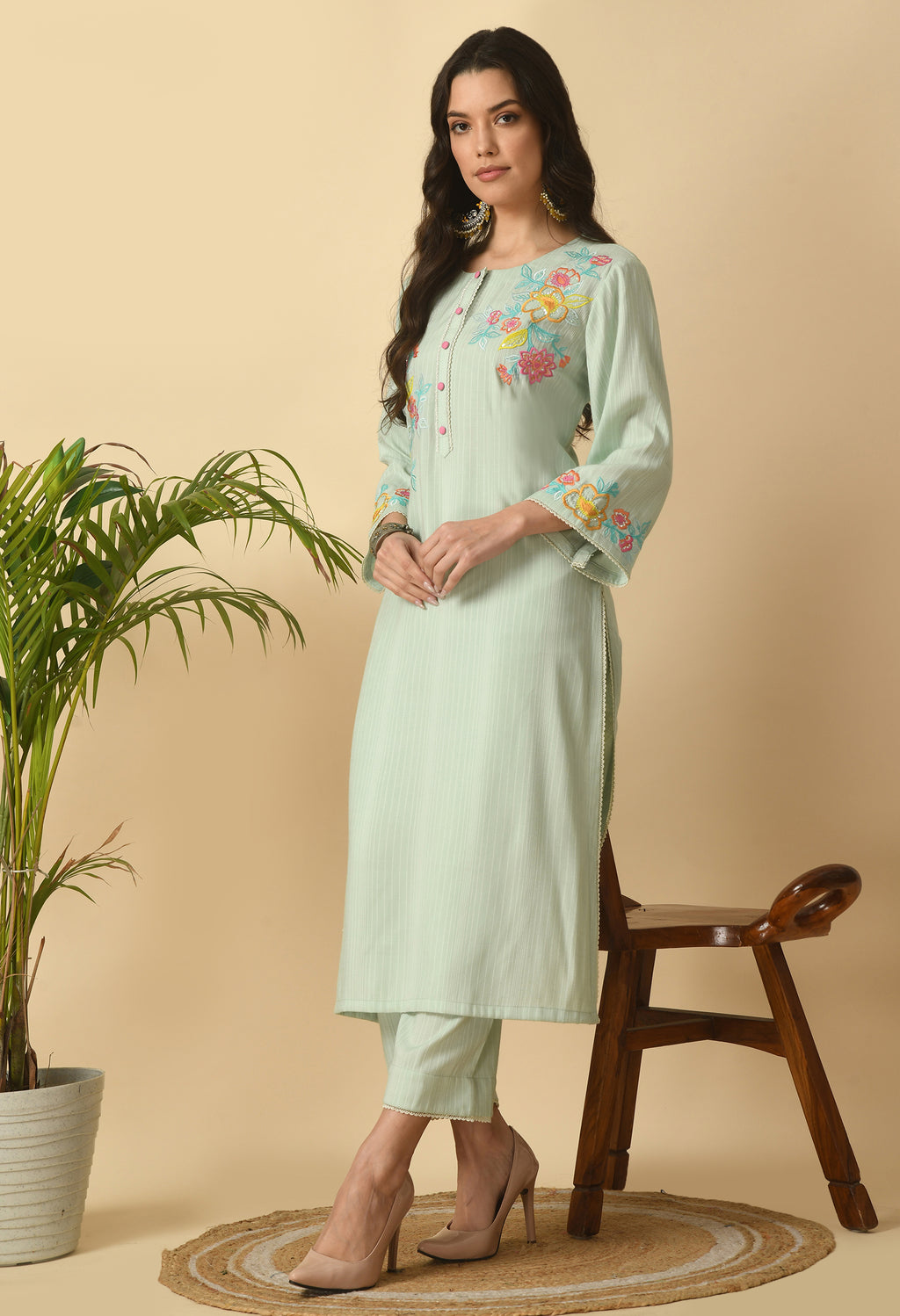 Green Cotton Self design  Kurta Set
