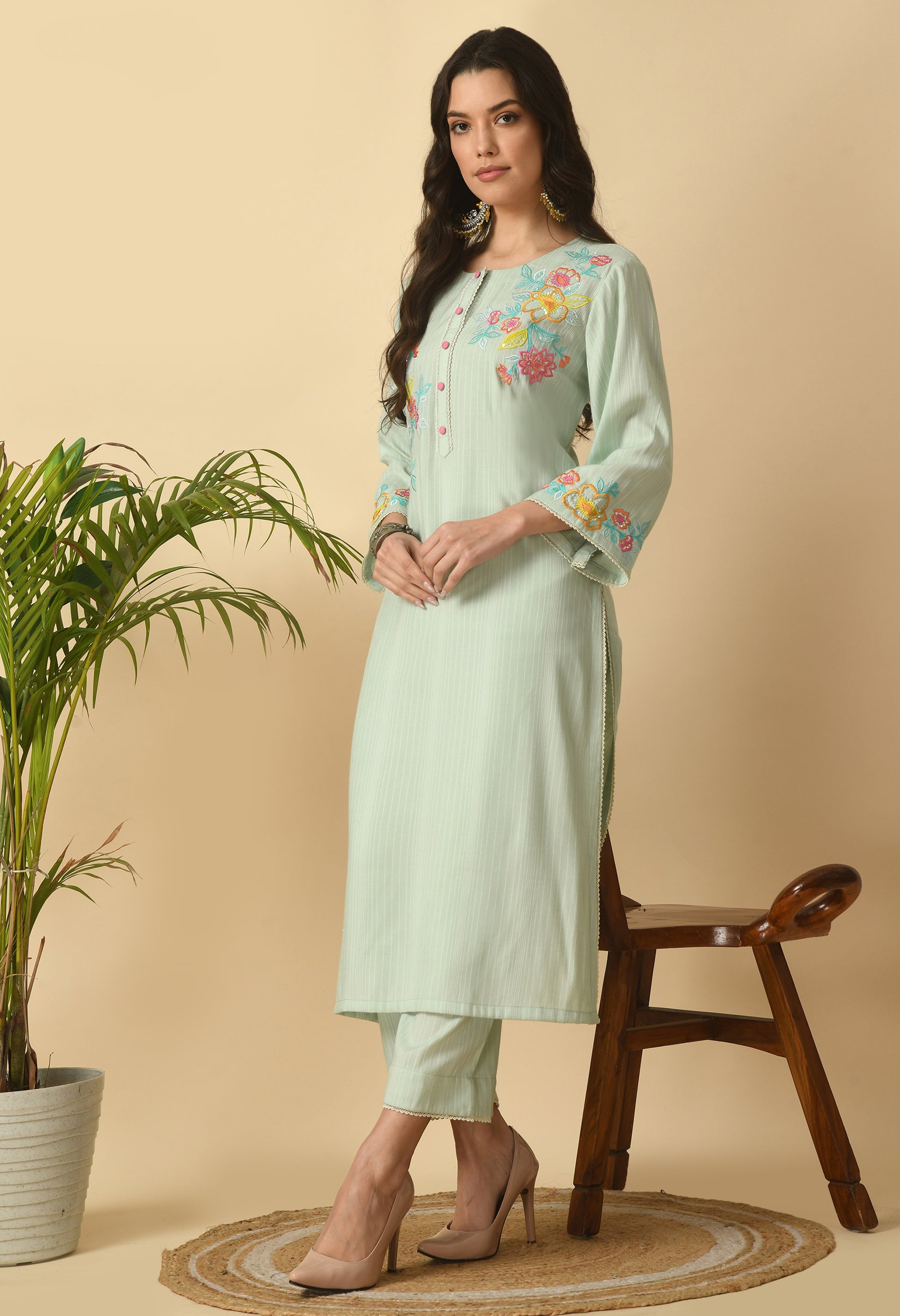 Green Cotton Self design  Kurta Set
