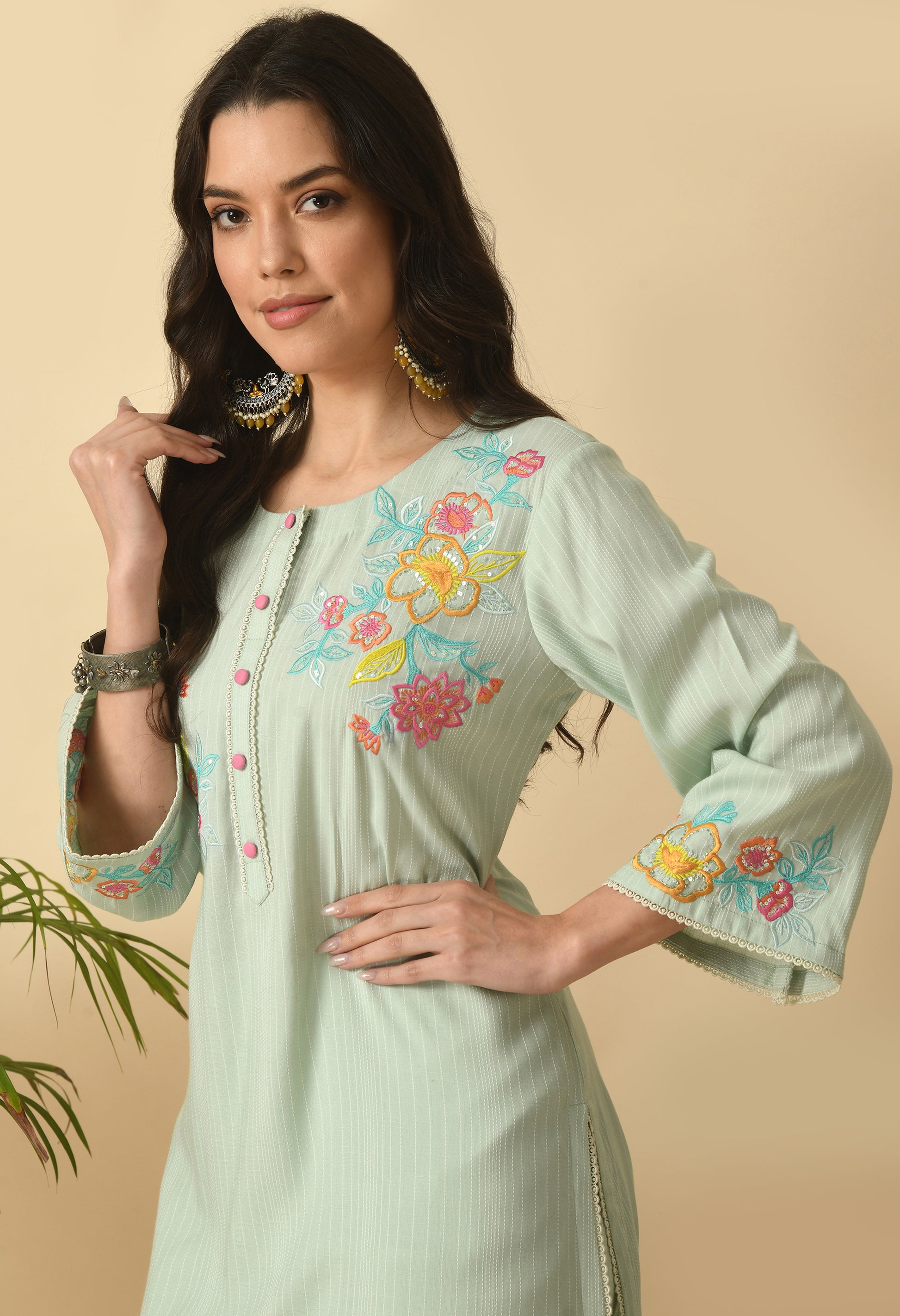Green Cotton Self design  Kurta Set