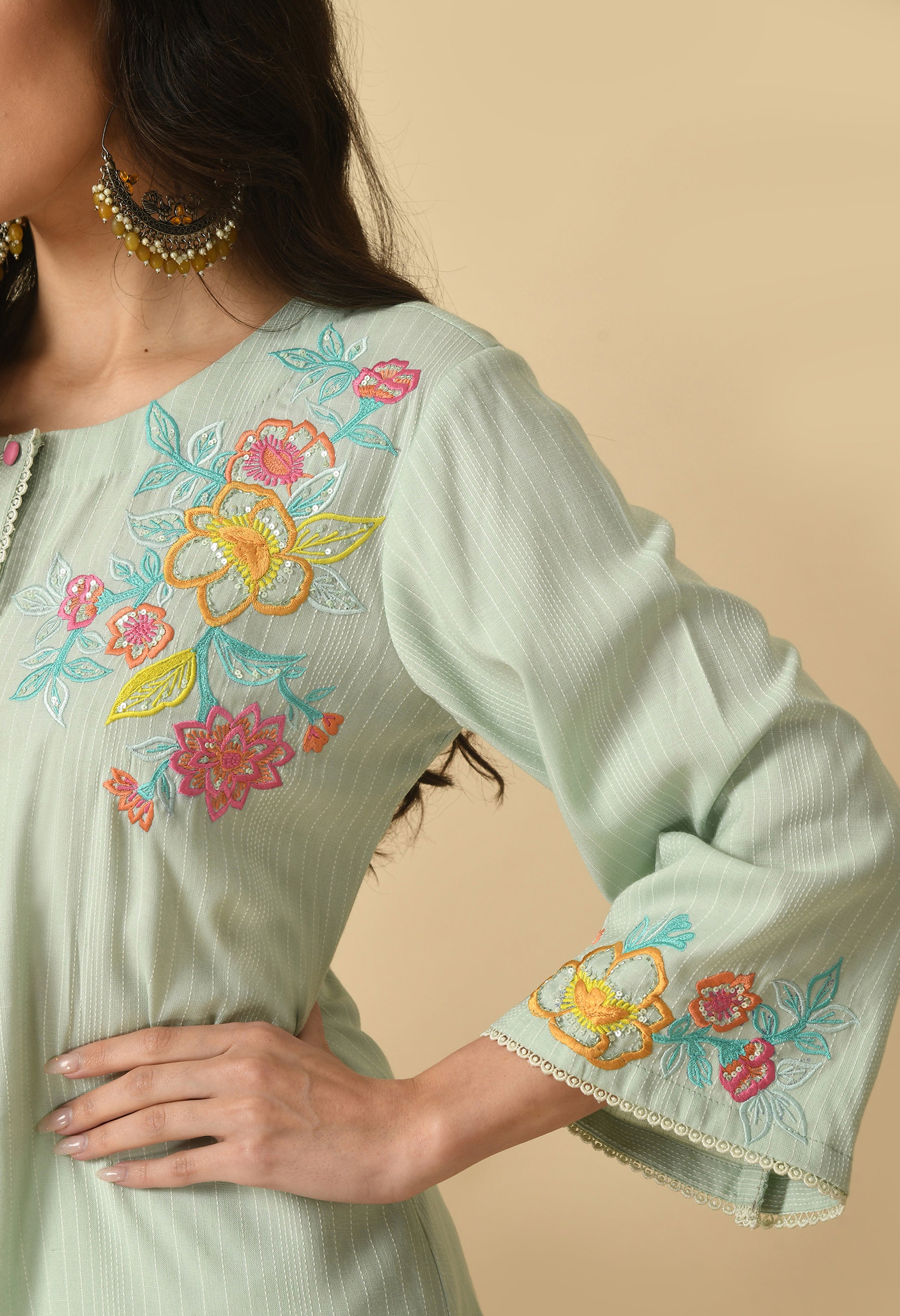 Green Cotton Self design  Kurta Set