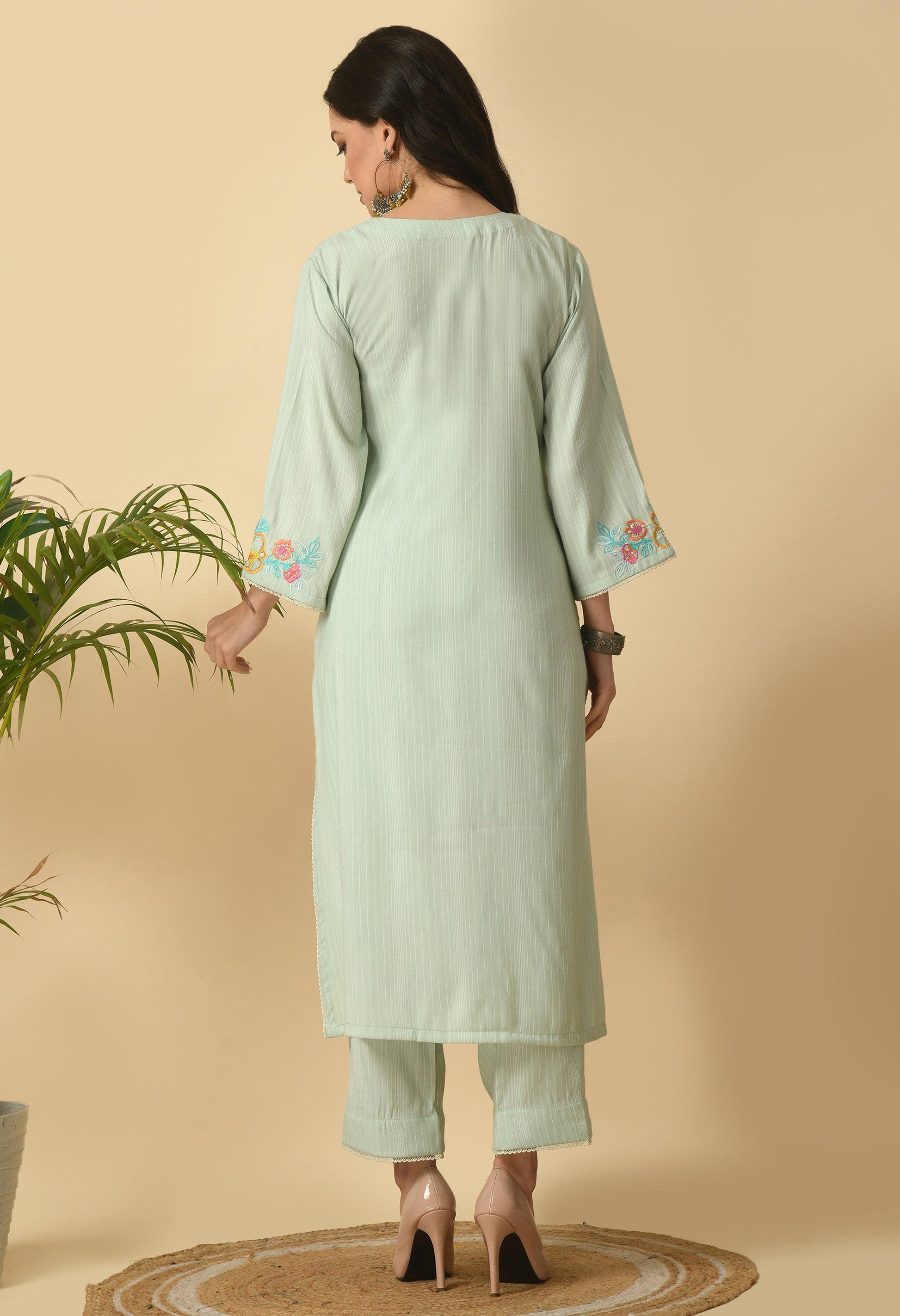 Green Cotton Self design  Kurta Set