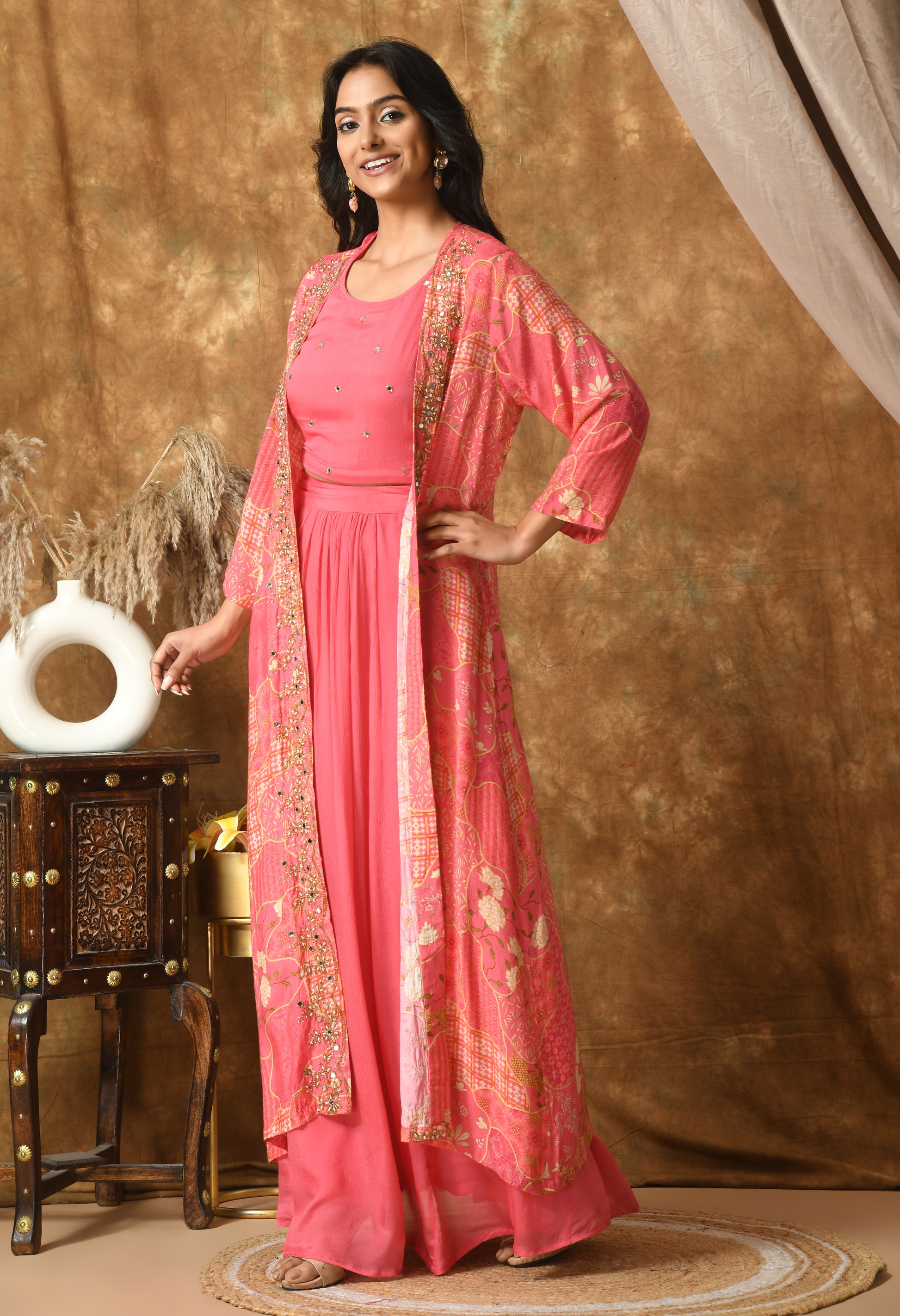 Pink Maslin Self Design Kurta Set