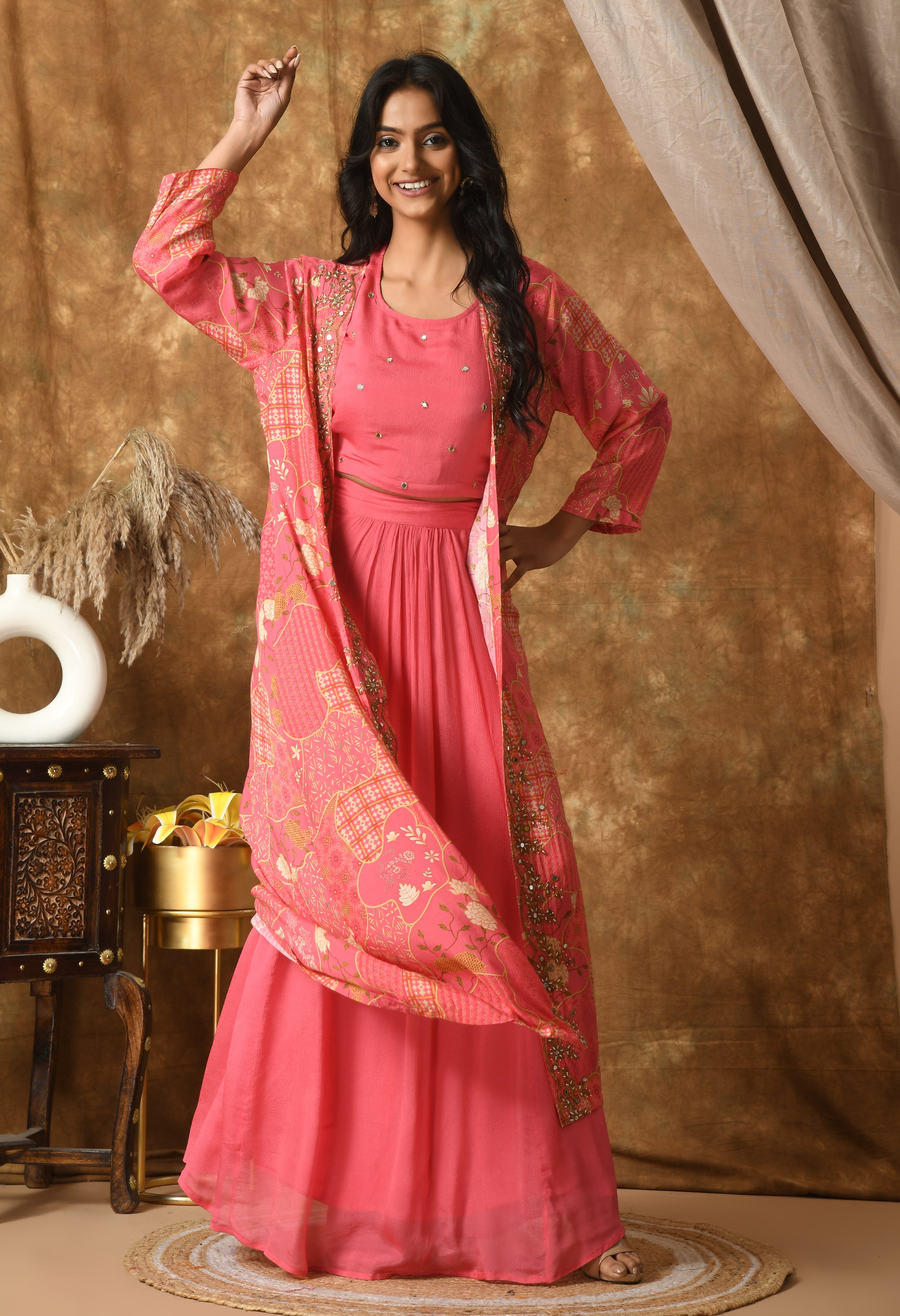Pink Maslin Self Design Kurta Set