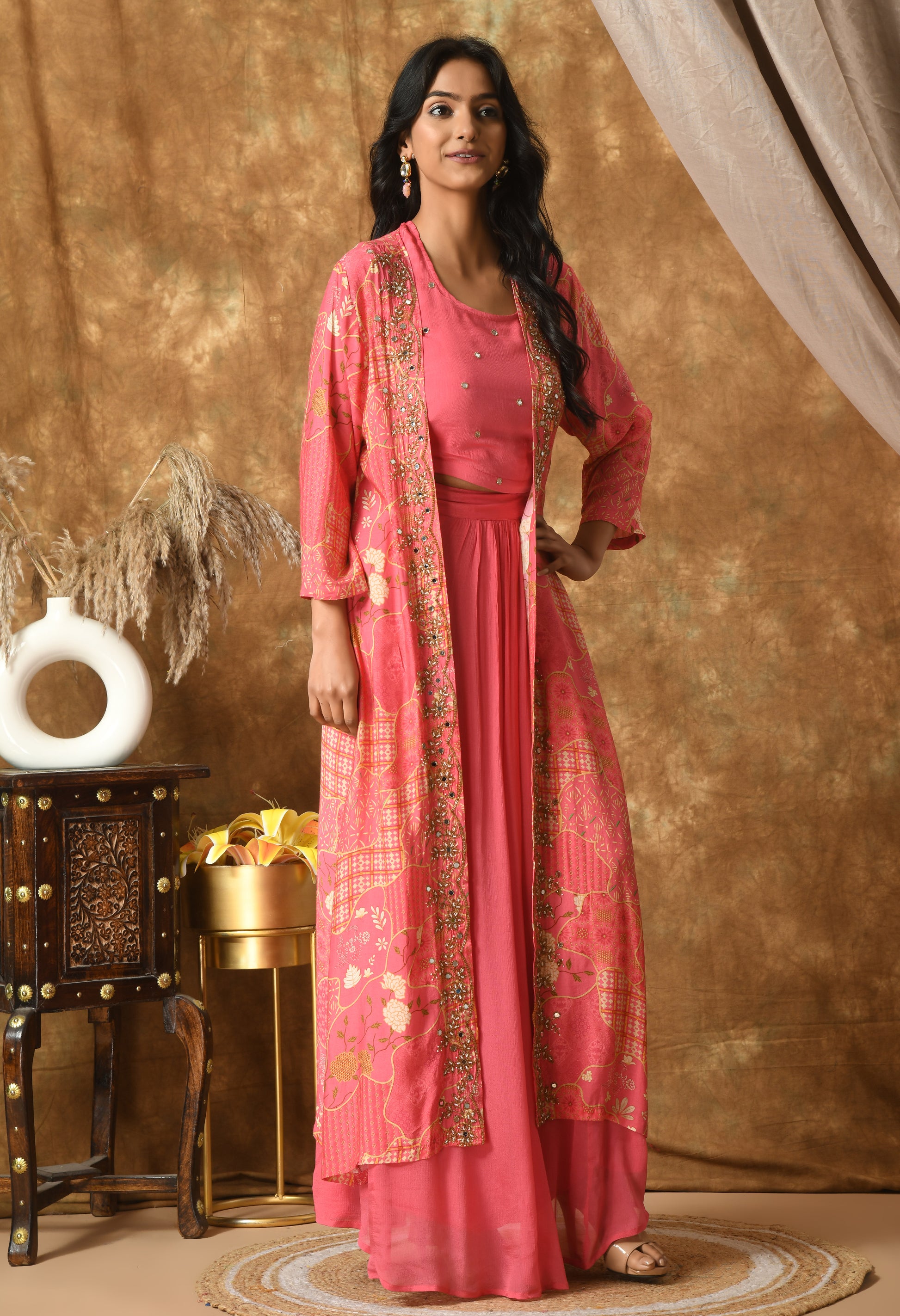 Pink Maslin Self Design Kurta Set