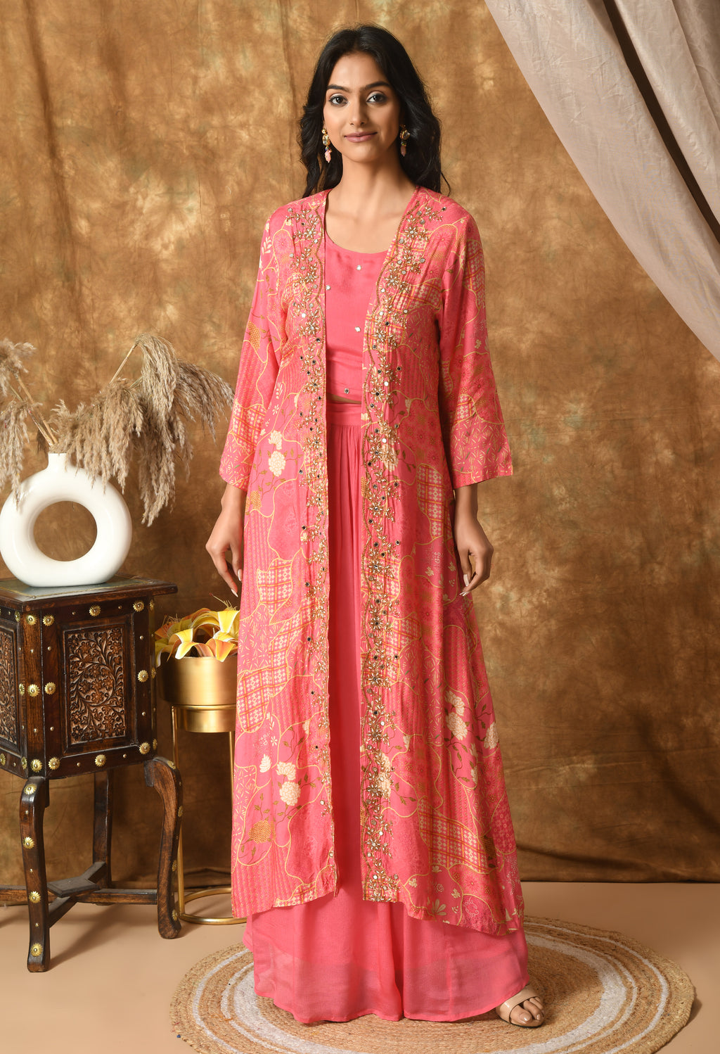 Pink Maslin Self Design Kurta Set