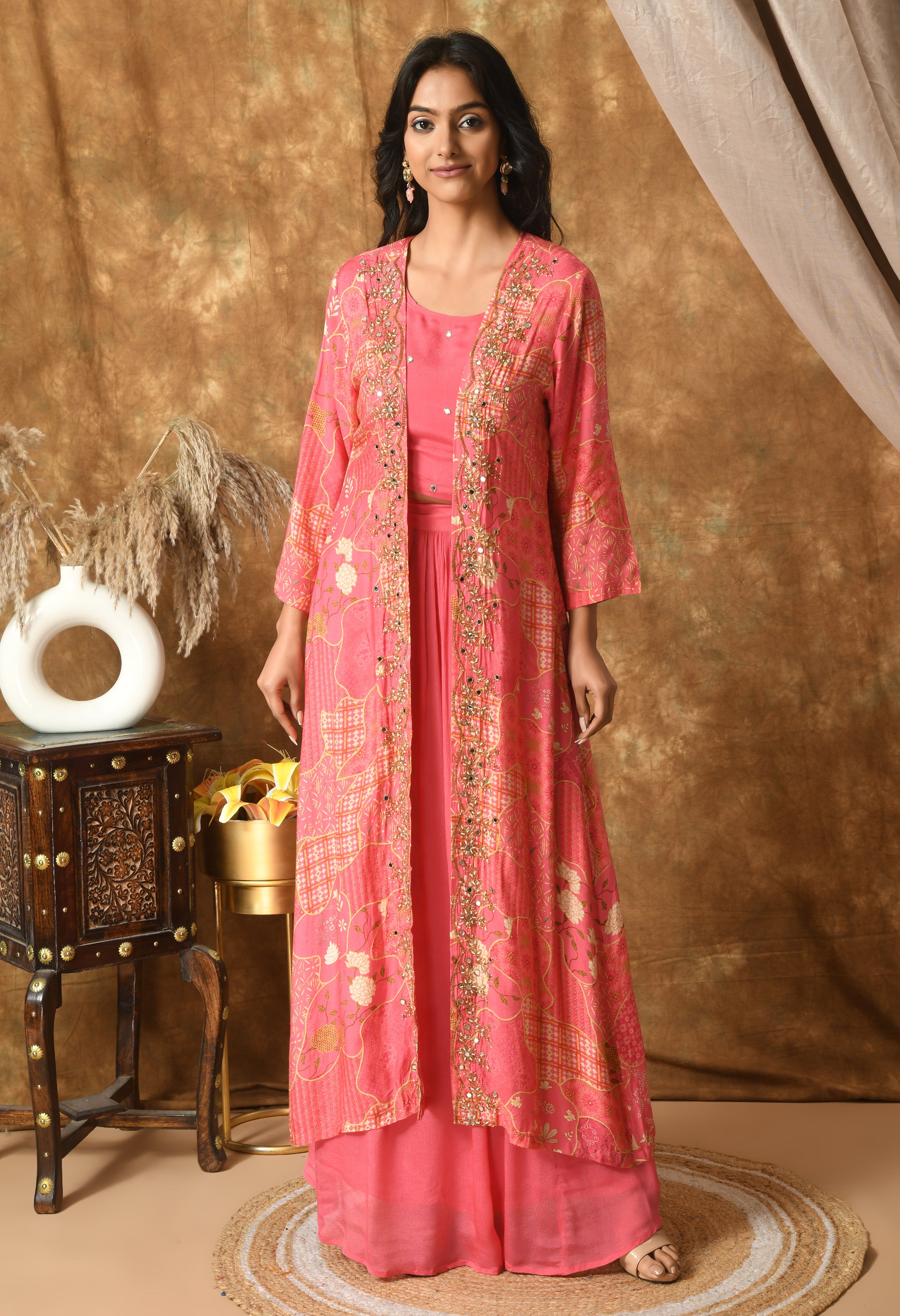 Pink Maslin Self Design Kurta Set