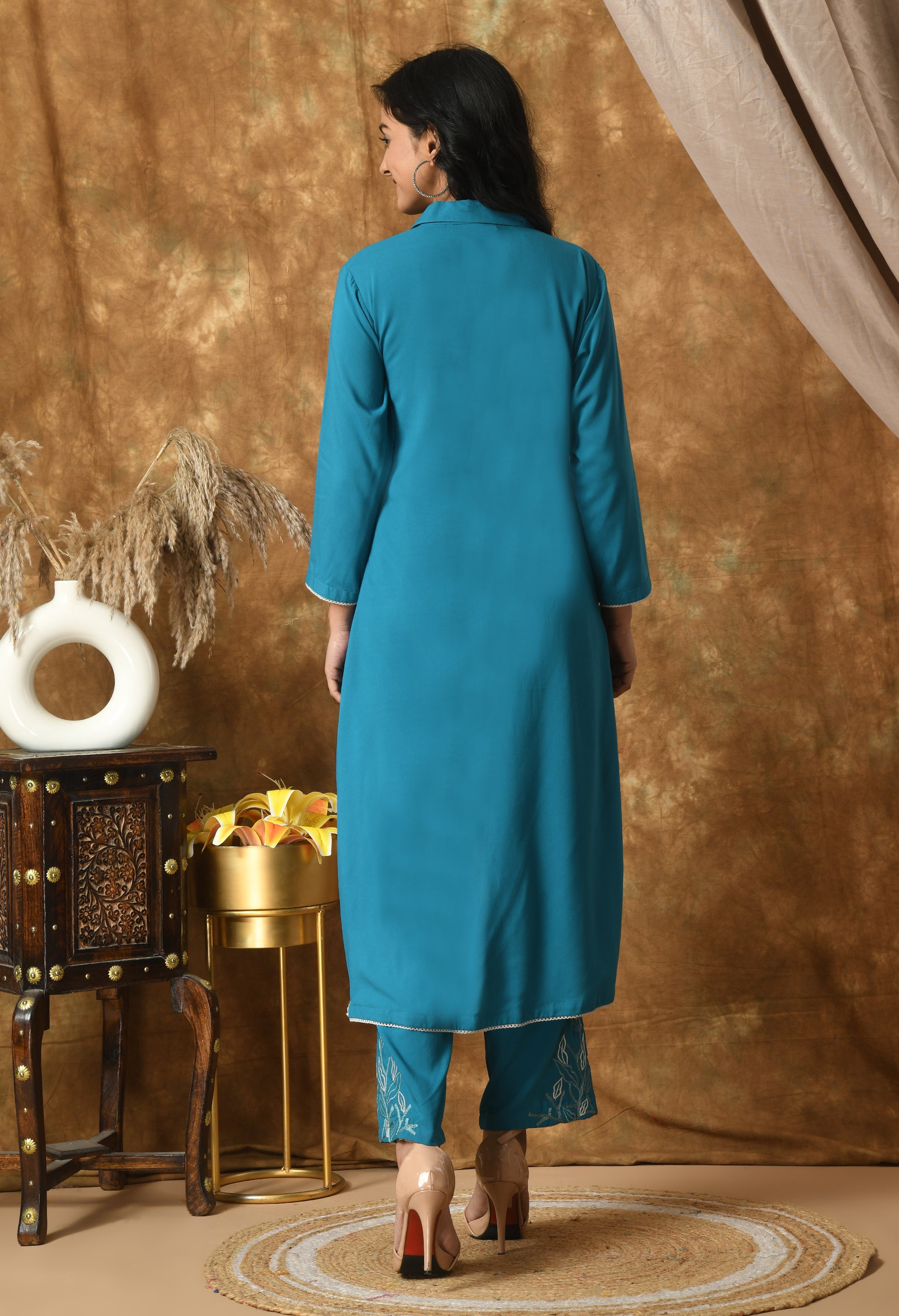 Blue Cotton Self Design Collar Kurta Set