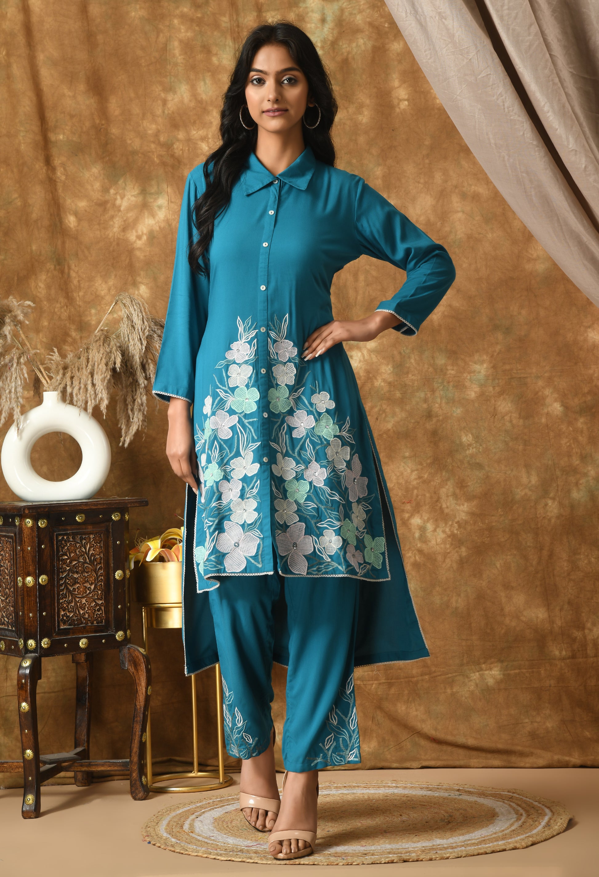 Blue Cotton Self Design Collar Kurta Set