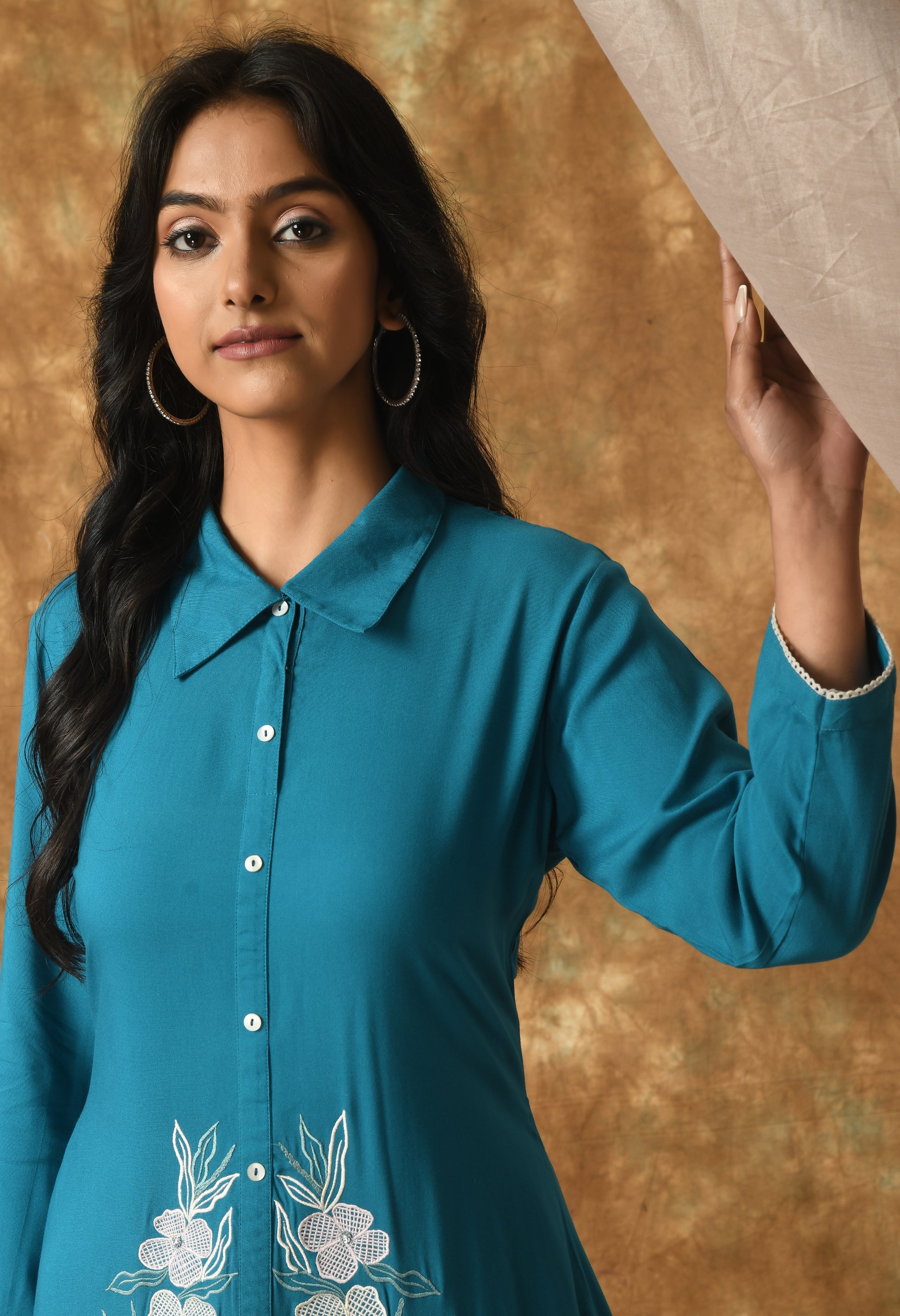Blue Cotton Self Design Collar Kurta Set