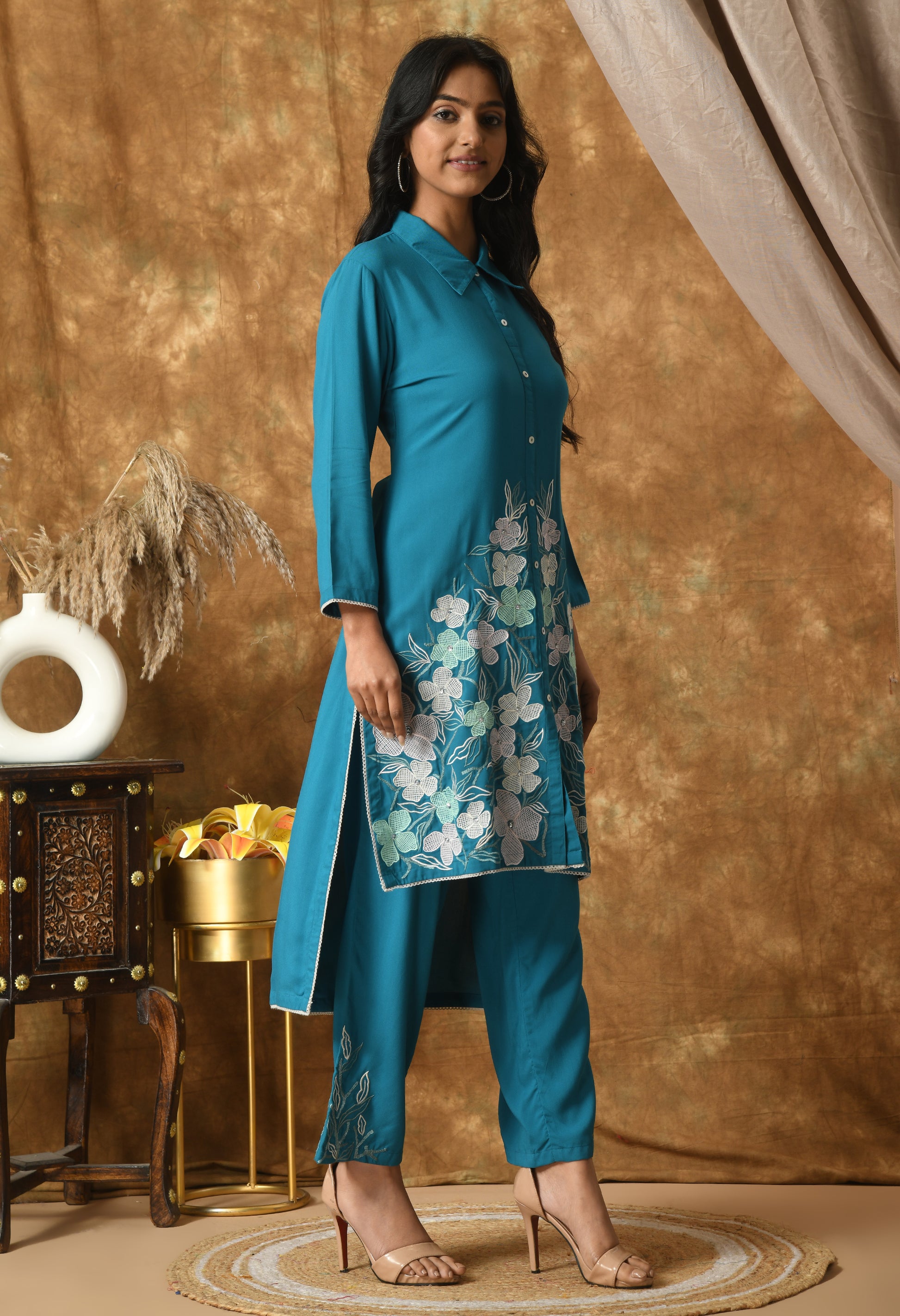 Blue Cotton Self Design Collar Kurta Set
