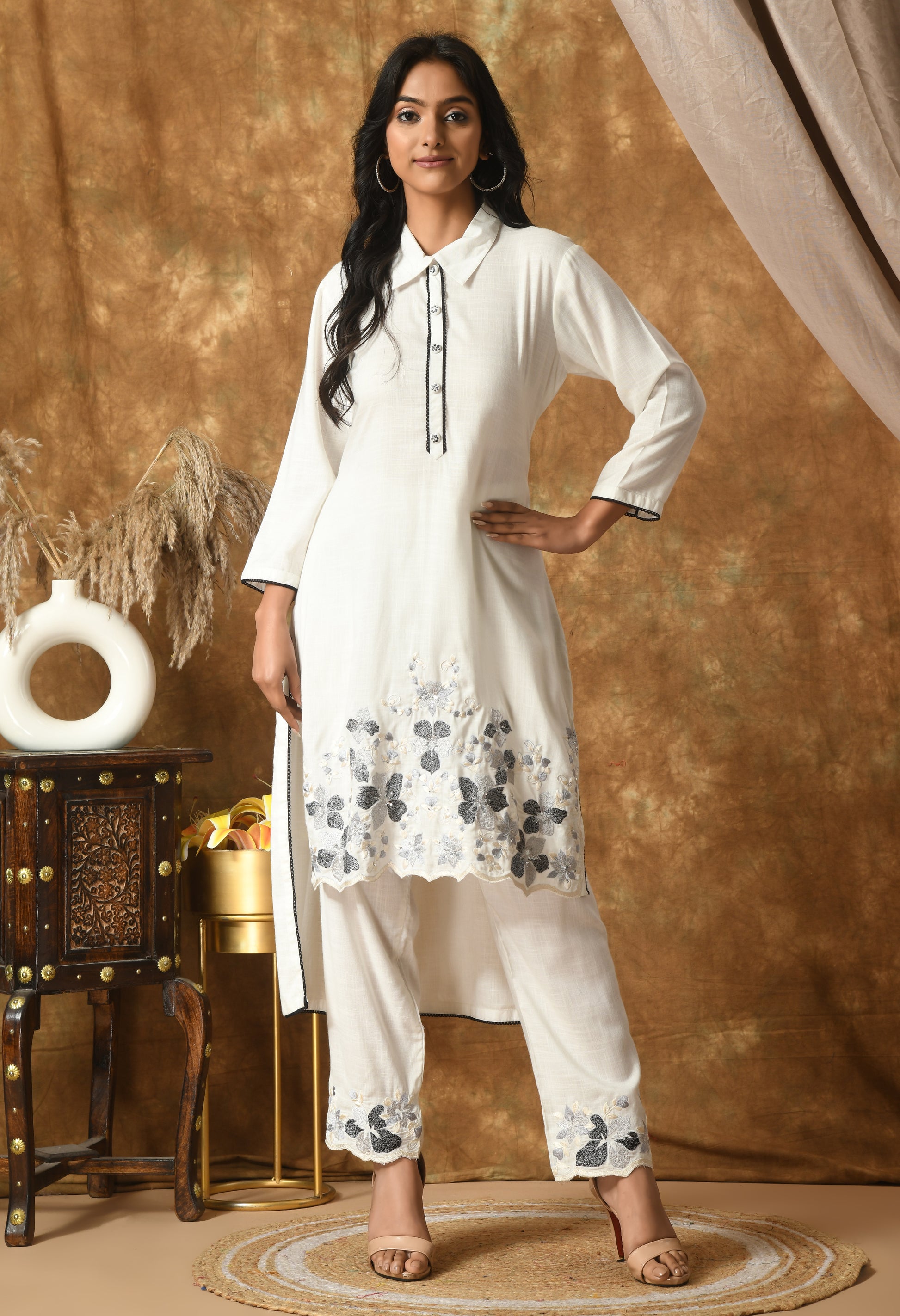White Cotton Self Design Collar Kurta Set