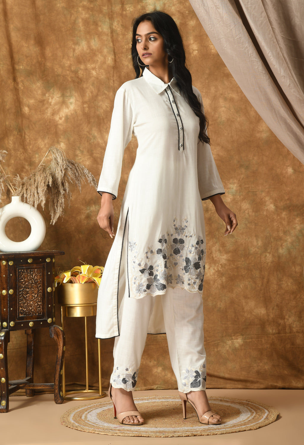 White Cotton Self Design Collar Kurta Set