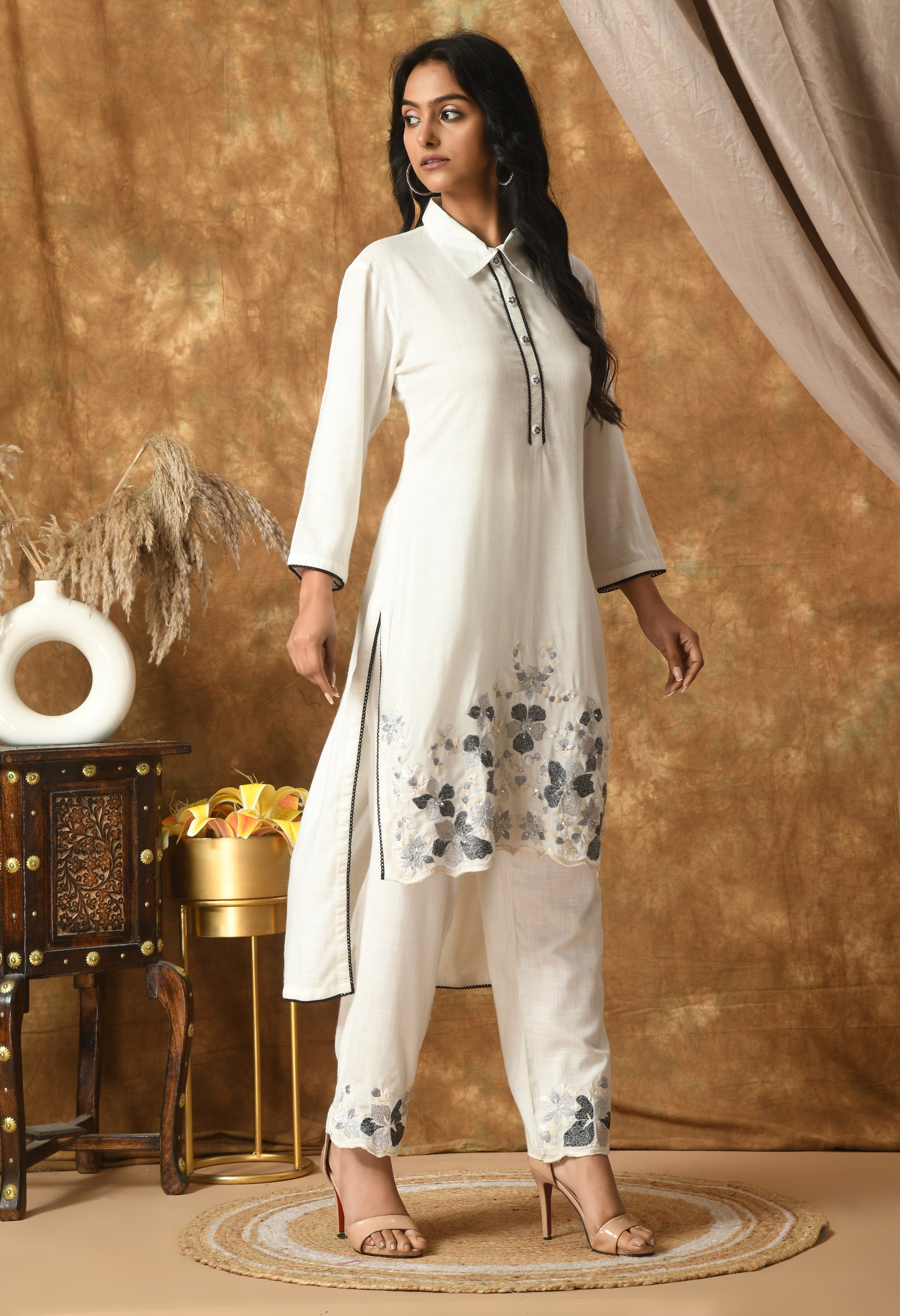 White Cotton Self Design Collar Kurta Set