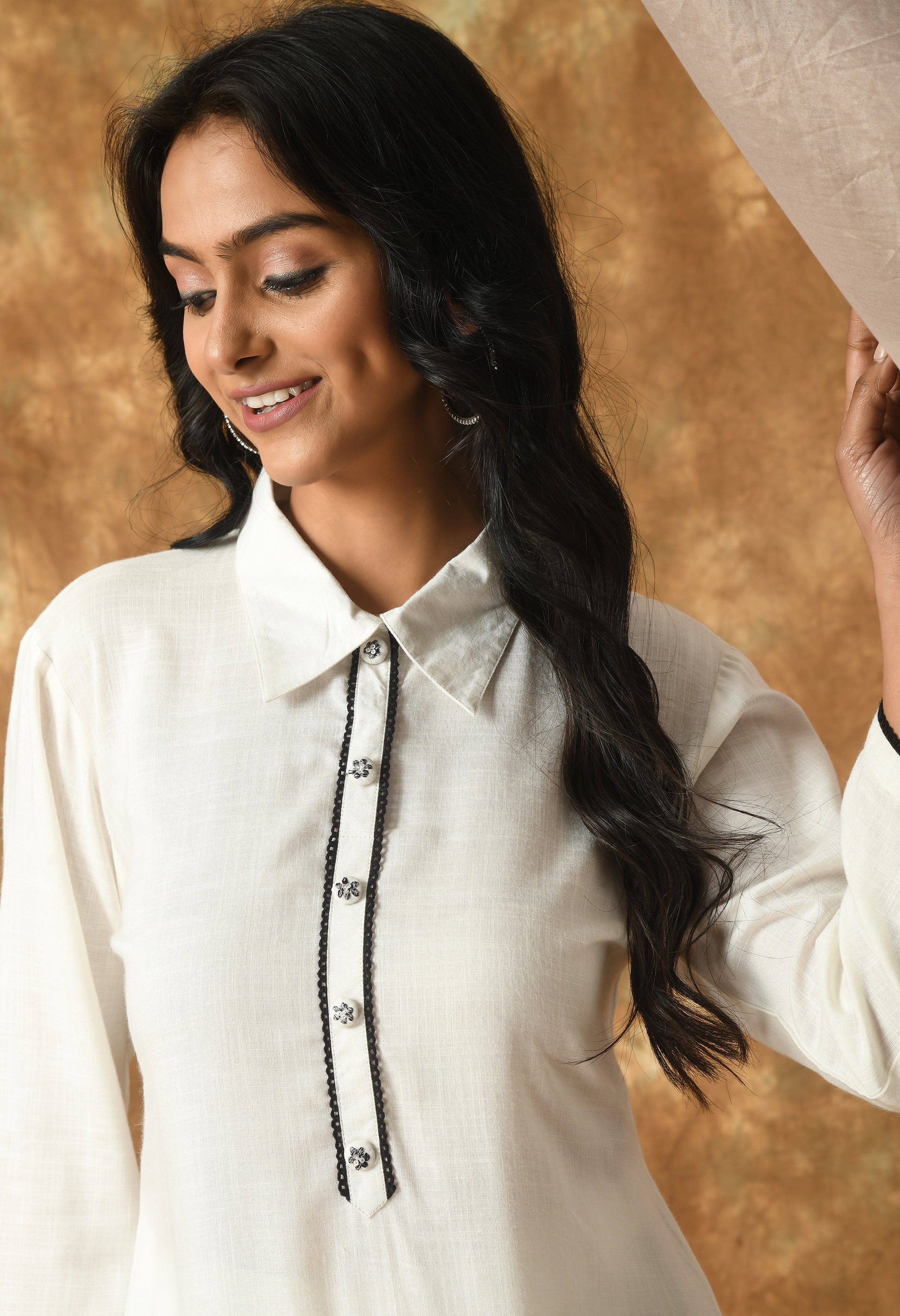 White Cotton Self Design Collar Kurta Set