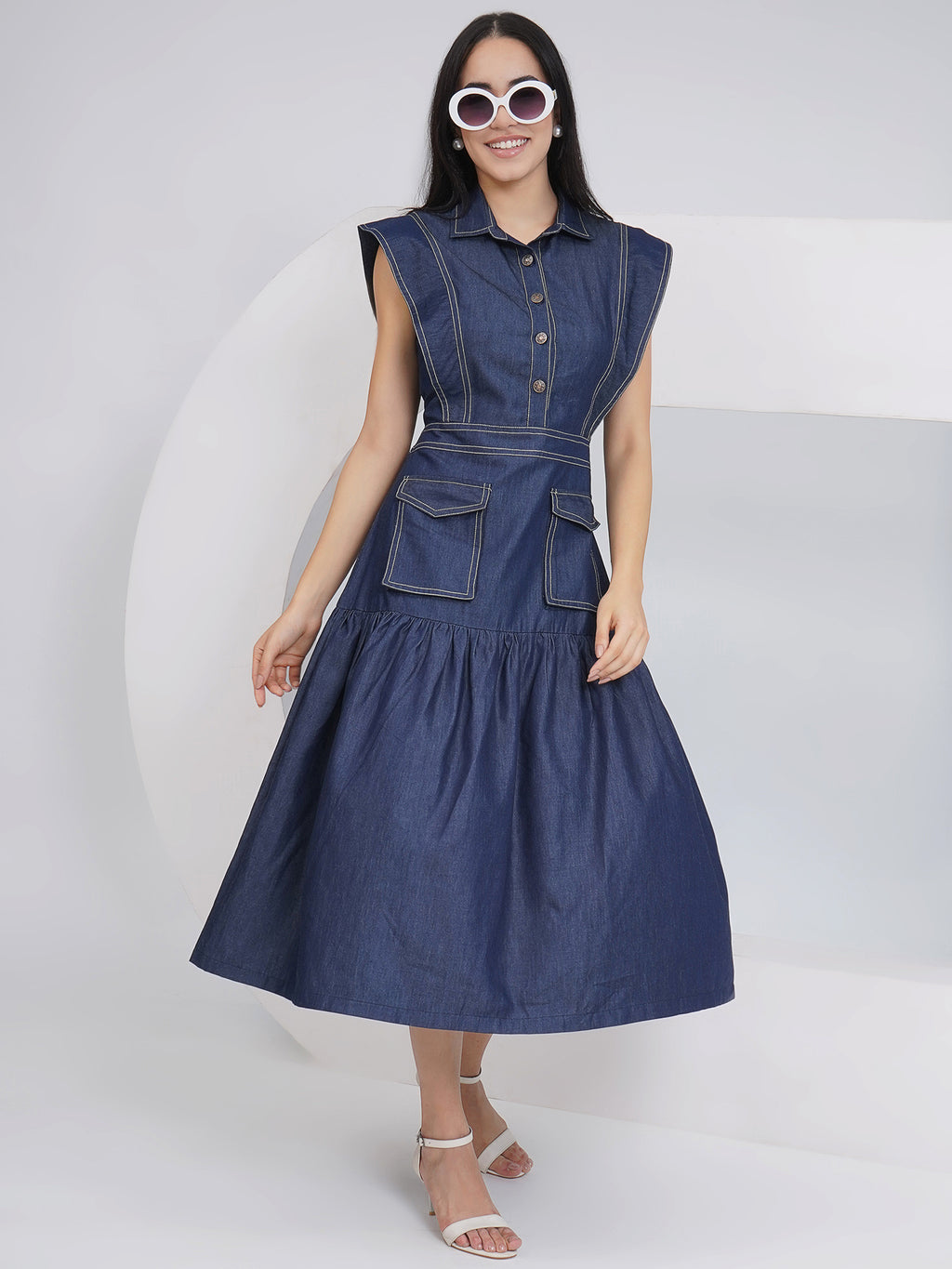 Ethnic Blue Denim Midi Party Wear Dress