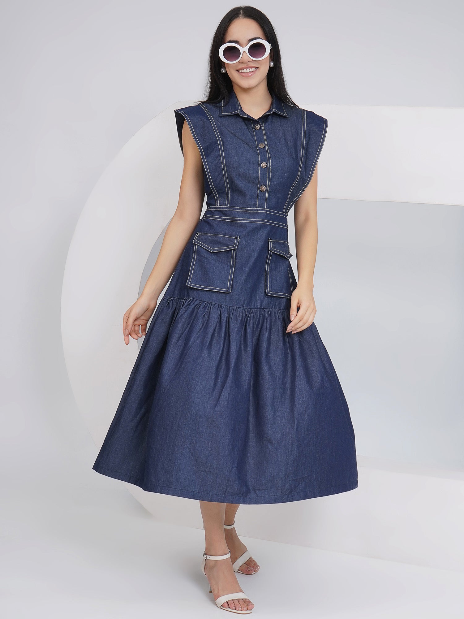 Ethnic Blue Denim Midi Party Wear Dress
