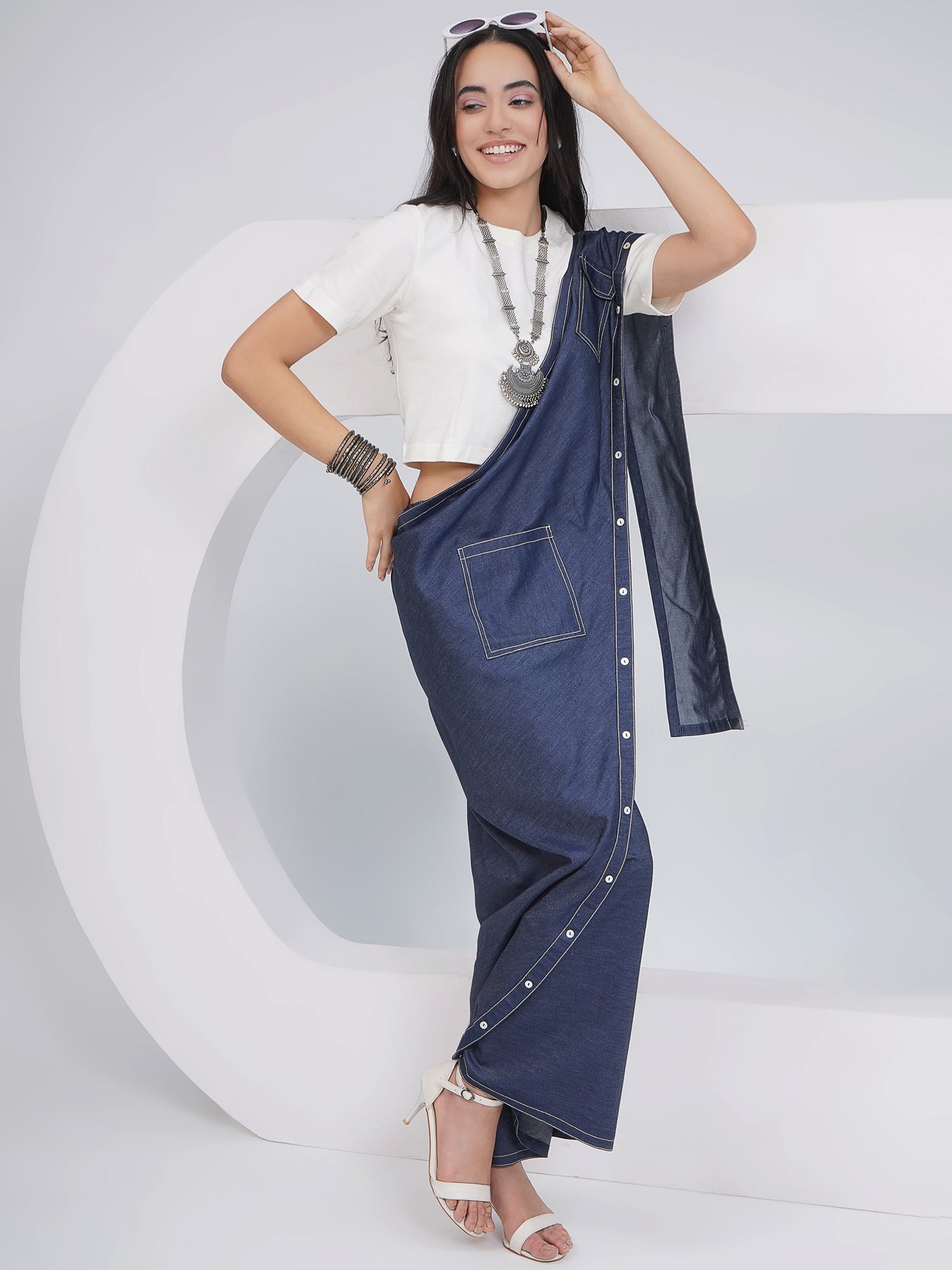 Ethnic Off White Denim Skirt Drape with Top