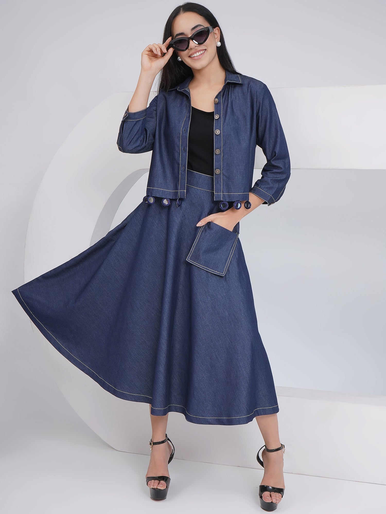 Ethnic Black Denim A Line skirt with Inner and Jacket
