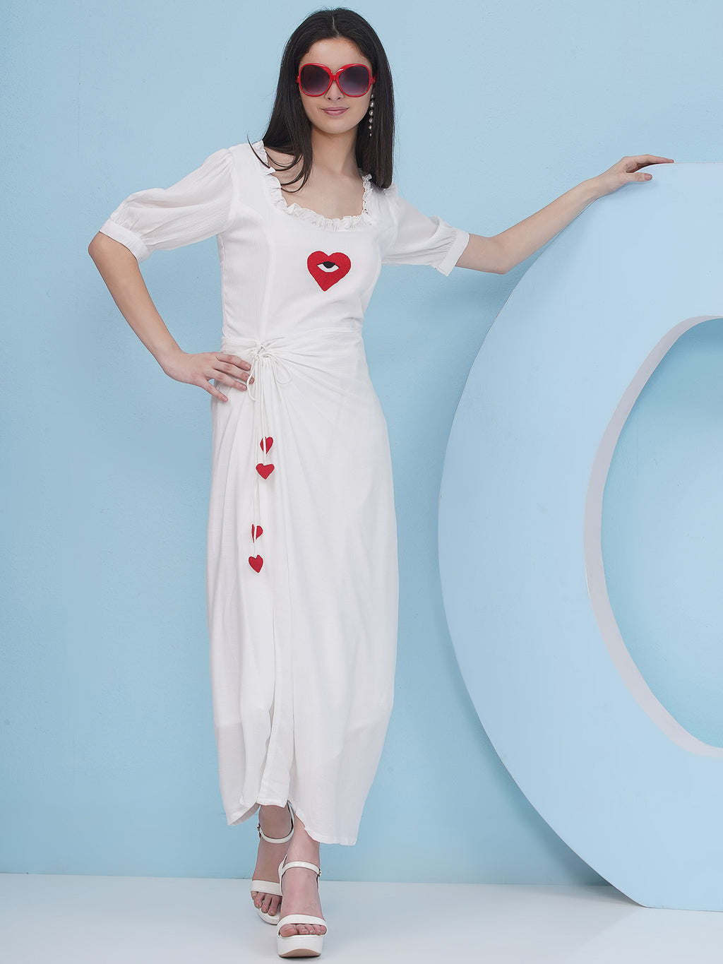 Embroidery White Drape Party Wear Dress