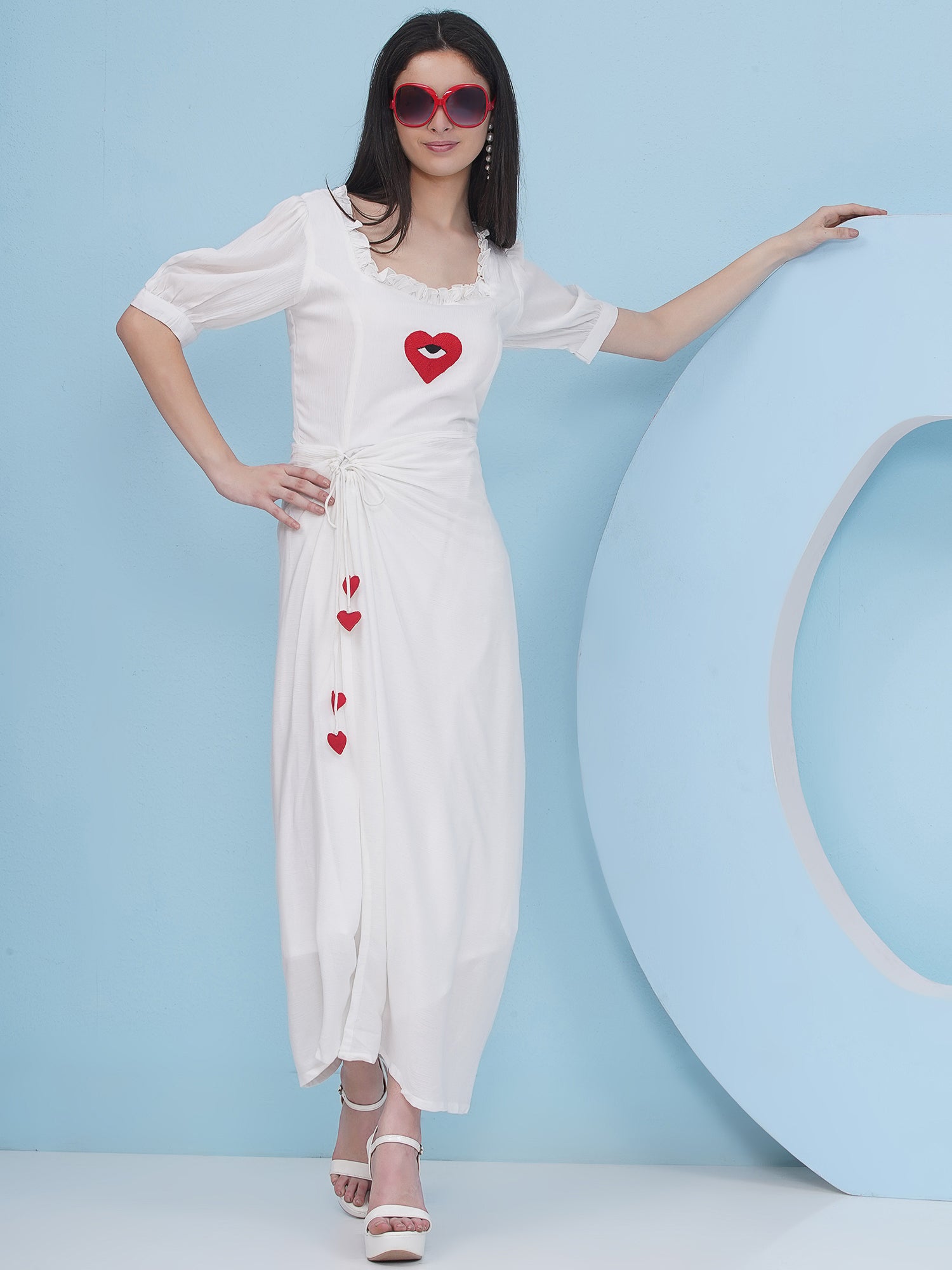 Embroidery White Drape Party Wear Dress