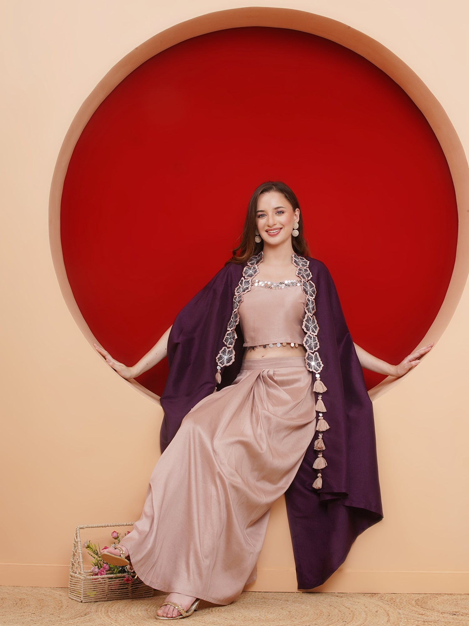 Women Purple and Rose Gold Skirt set with Cape