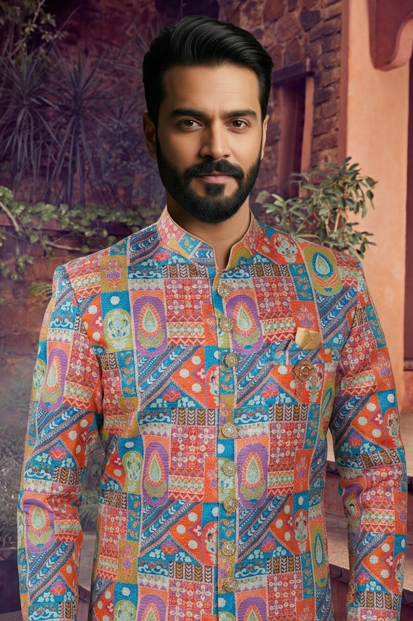 Men's SILK ORANGE(MULTI COLOURS)  SEMI-INDO-WESTERN