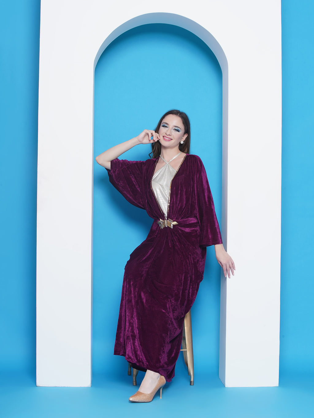 Women Wine Velvet Gown With Silver Halter Neck Ineer