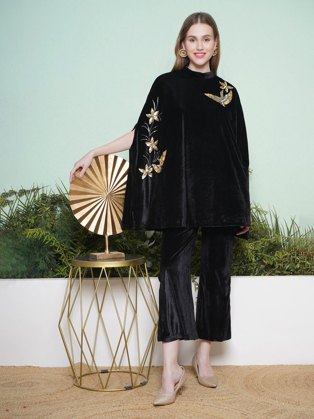 Women Black Hand Embellished Cape Style Kurta with Bellbottom Pants