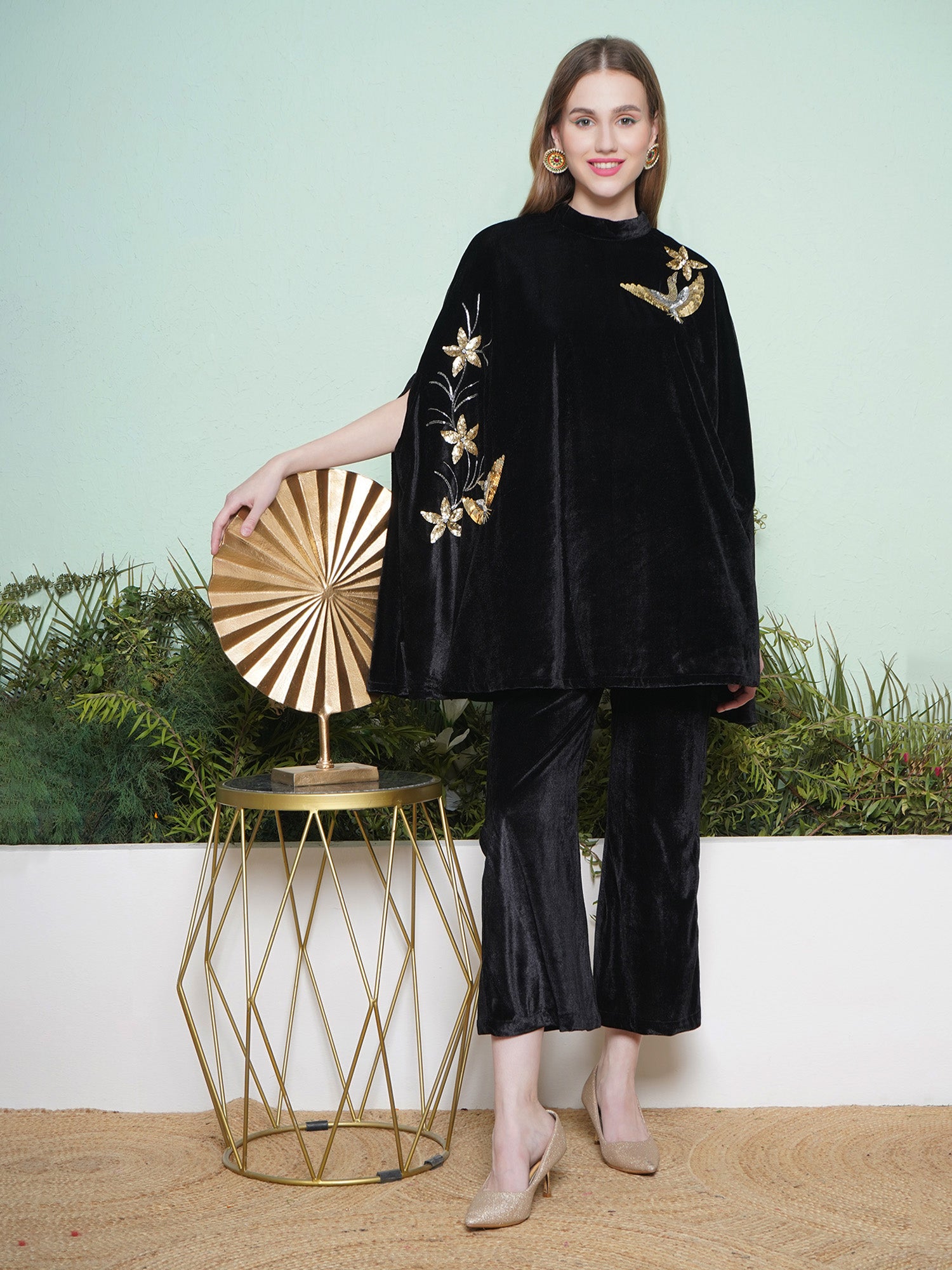 Women Black Hand Embellished Cape Style Kurta with Bellbottom Pants
