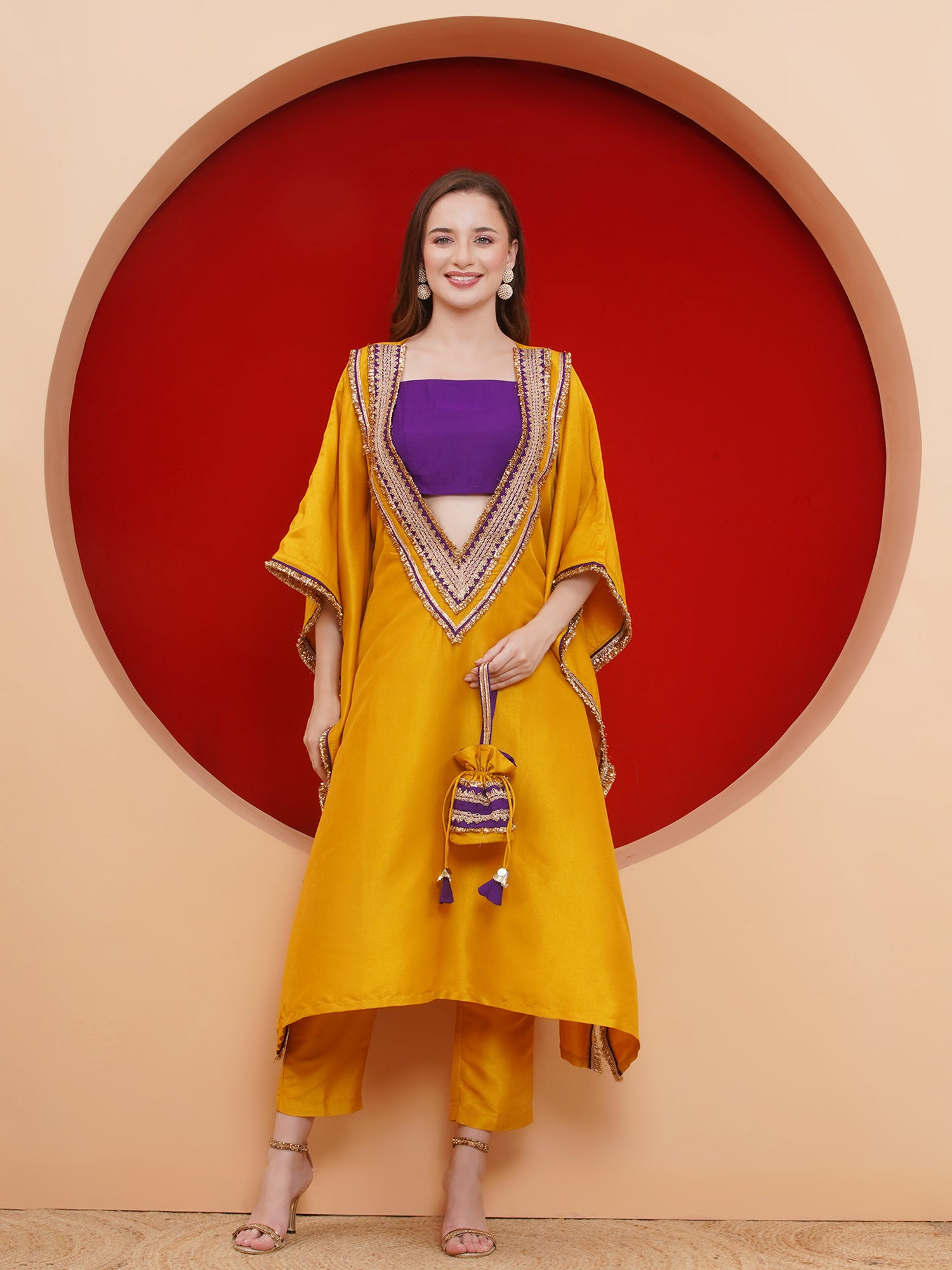 Women Yelow Kaftaan Set with ineer and Potli