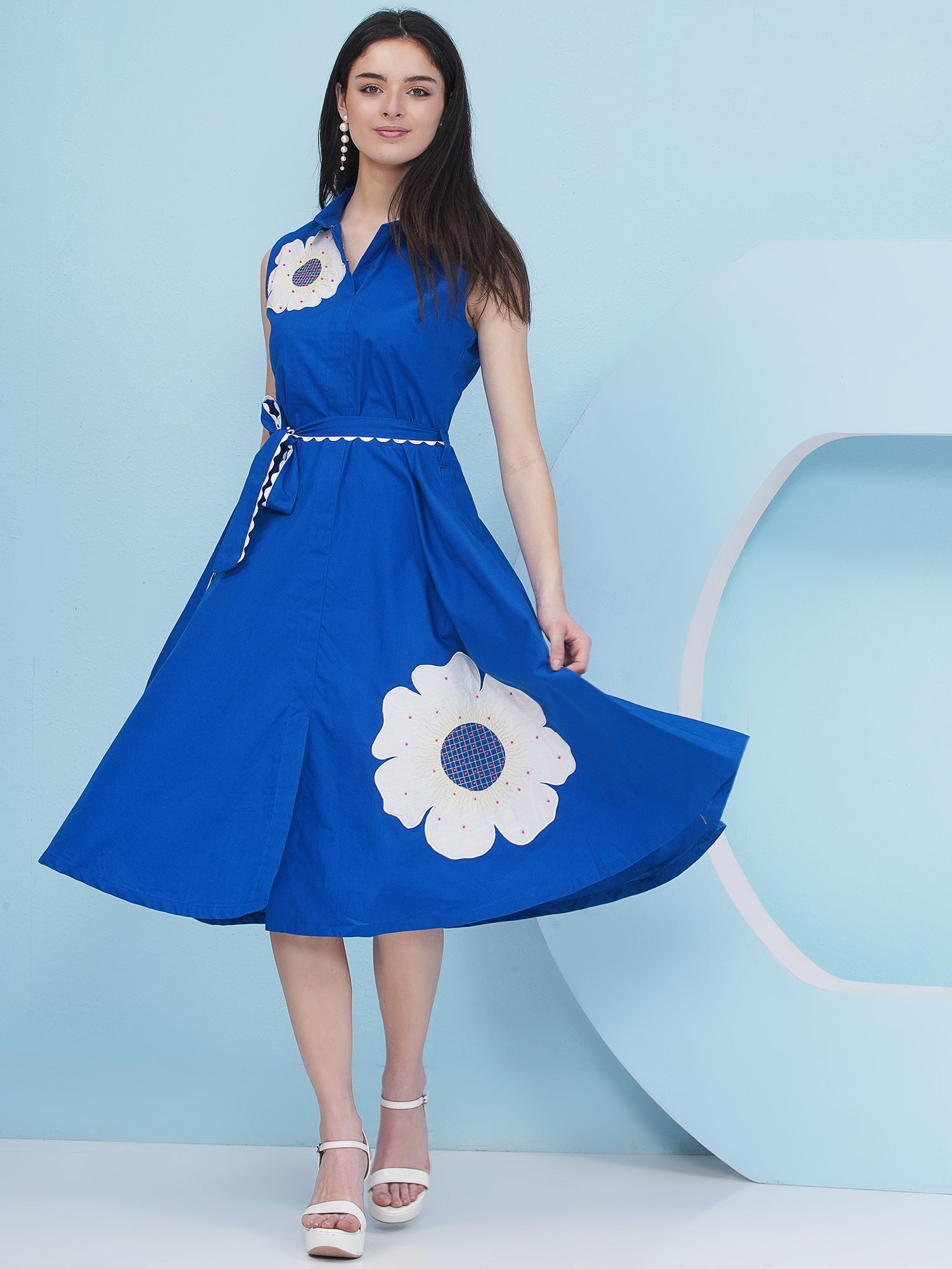 Embroidery Royal Blue Party Wear Dress With Belt