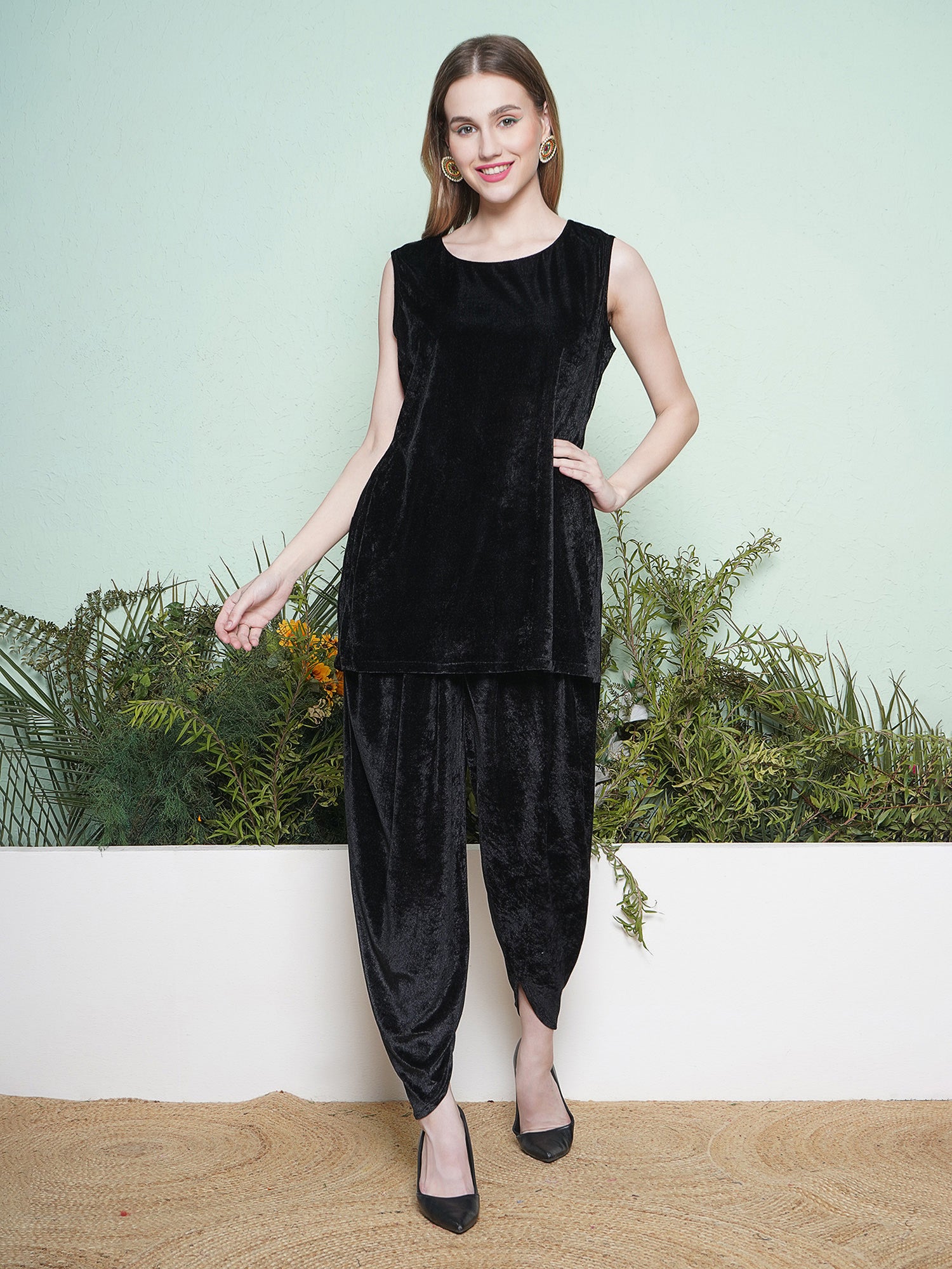 Women Black Dhoti Salwaar with Inner and  Hand Embellished Jacket