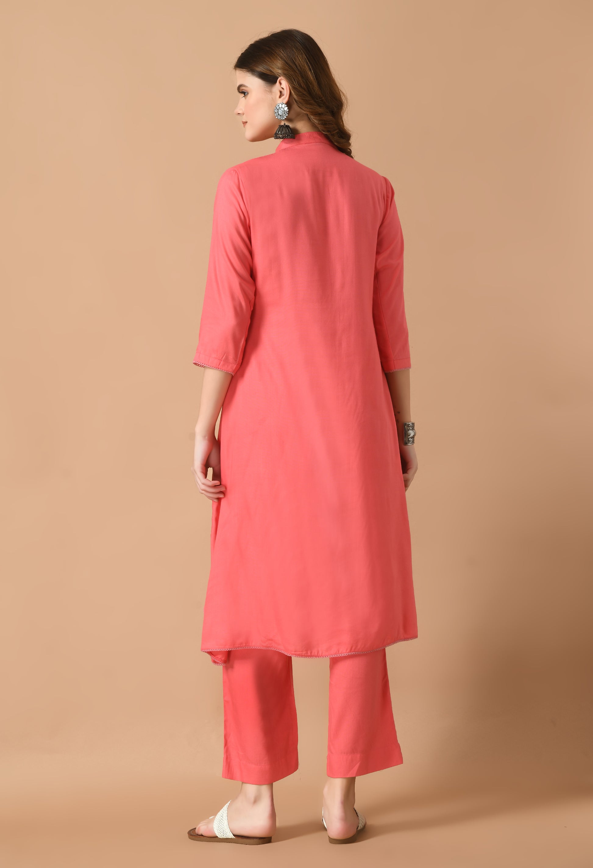 Pink Cotton Self Design Collar Kurta Set