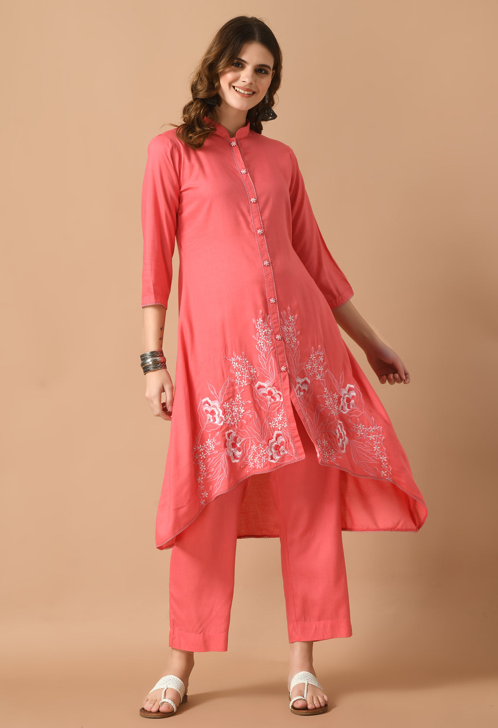 Pink Cotton Self Design Collar Kurta Set