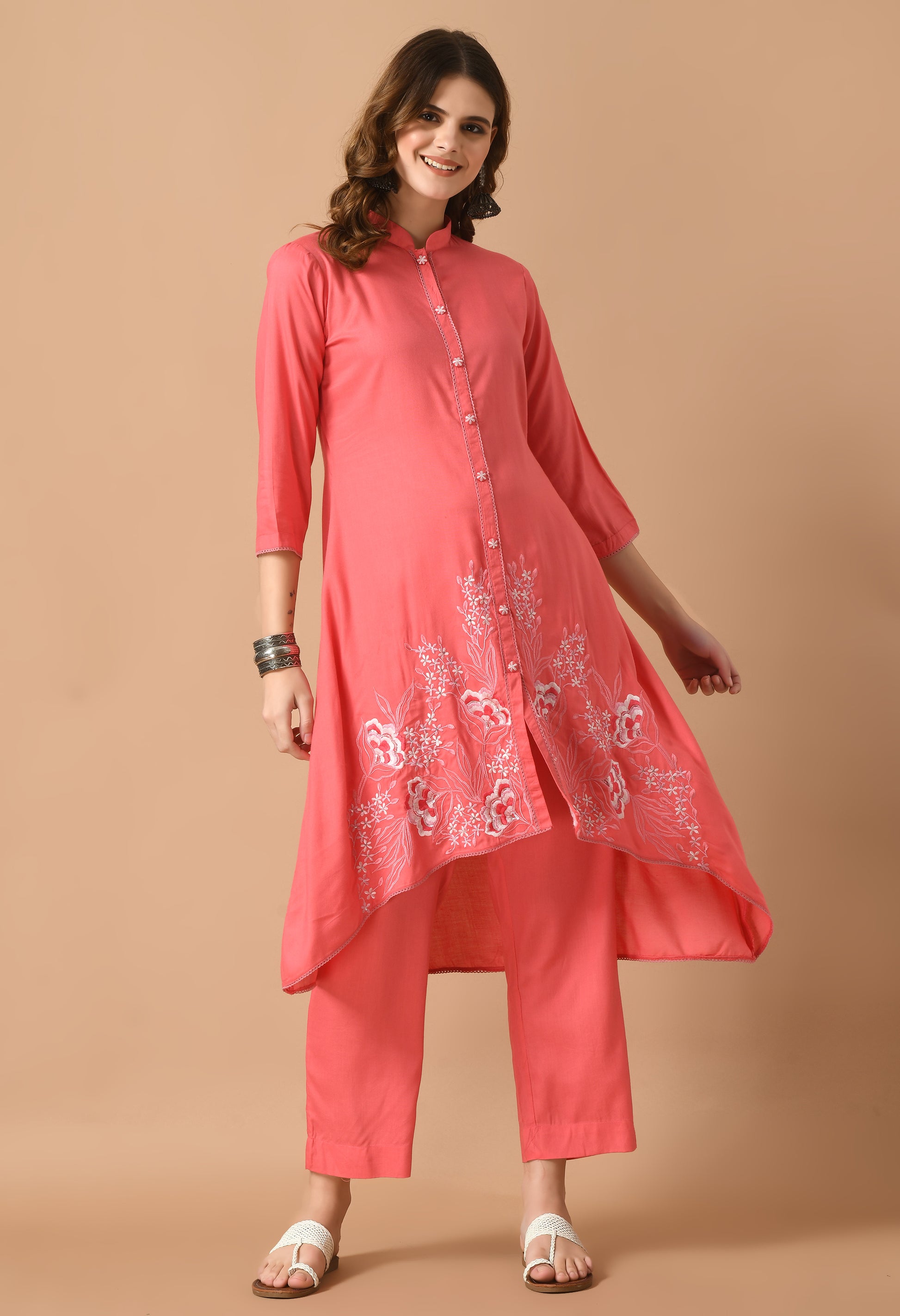 Pink Cotton Self Design Collar Kurta Set