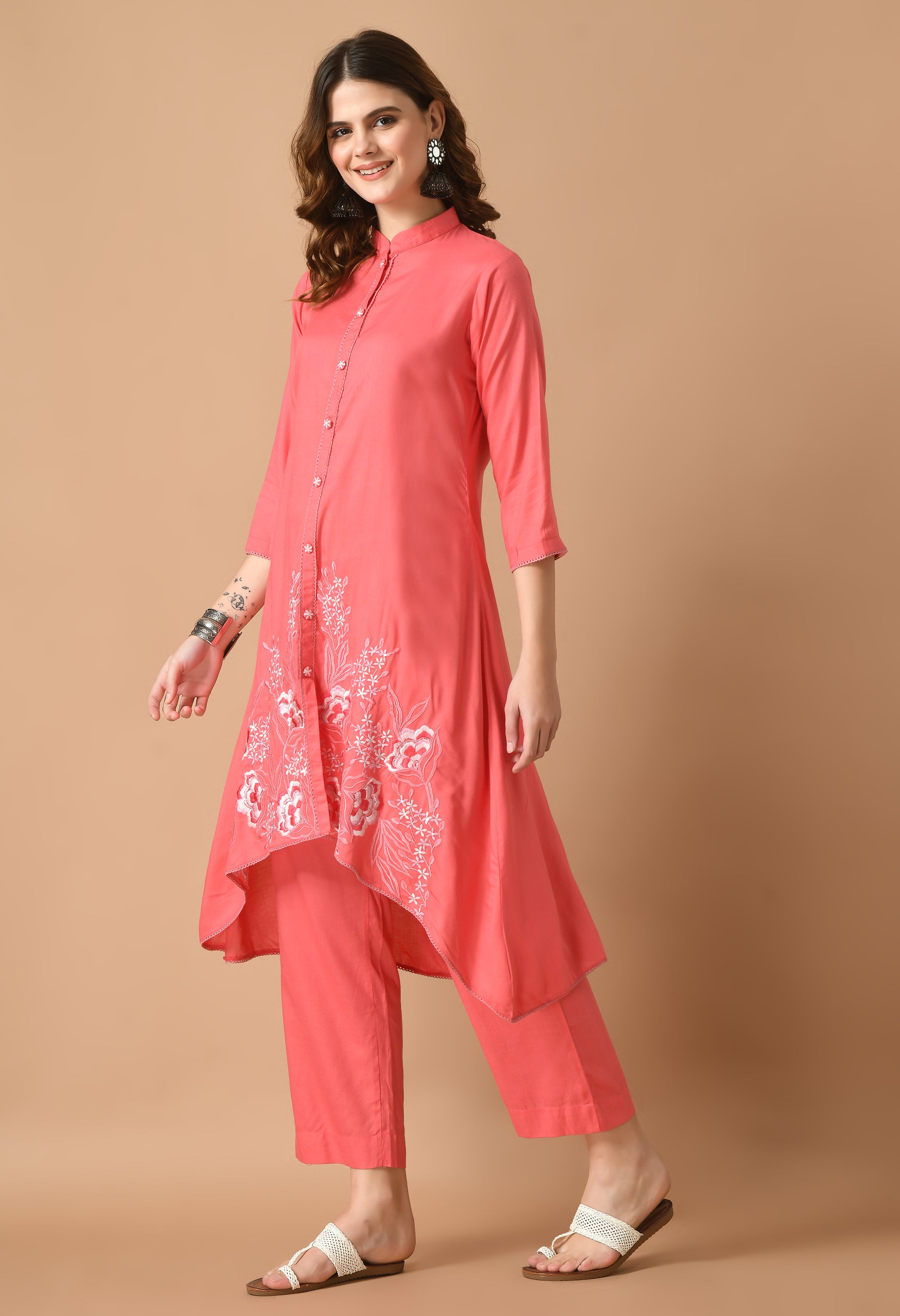 Pink Cotton Self Design Collar Kurta Set
