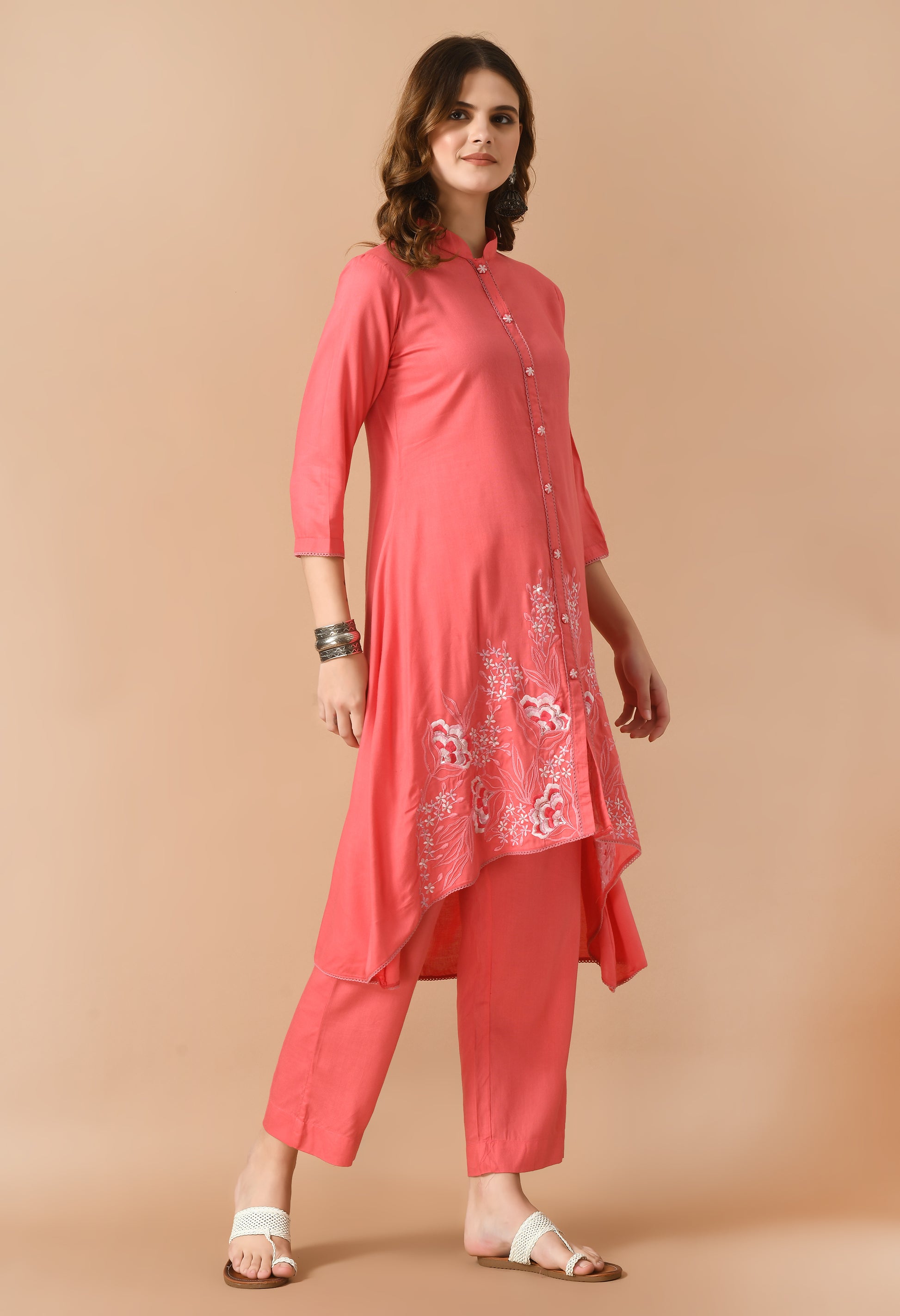 Pink Cotton Self Design Collar Kurta Set