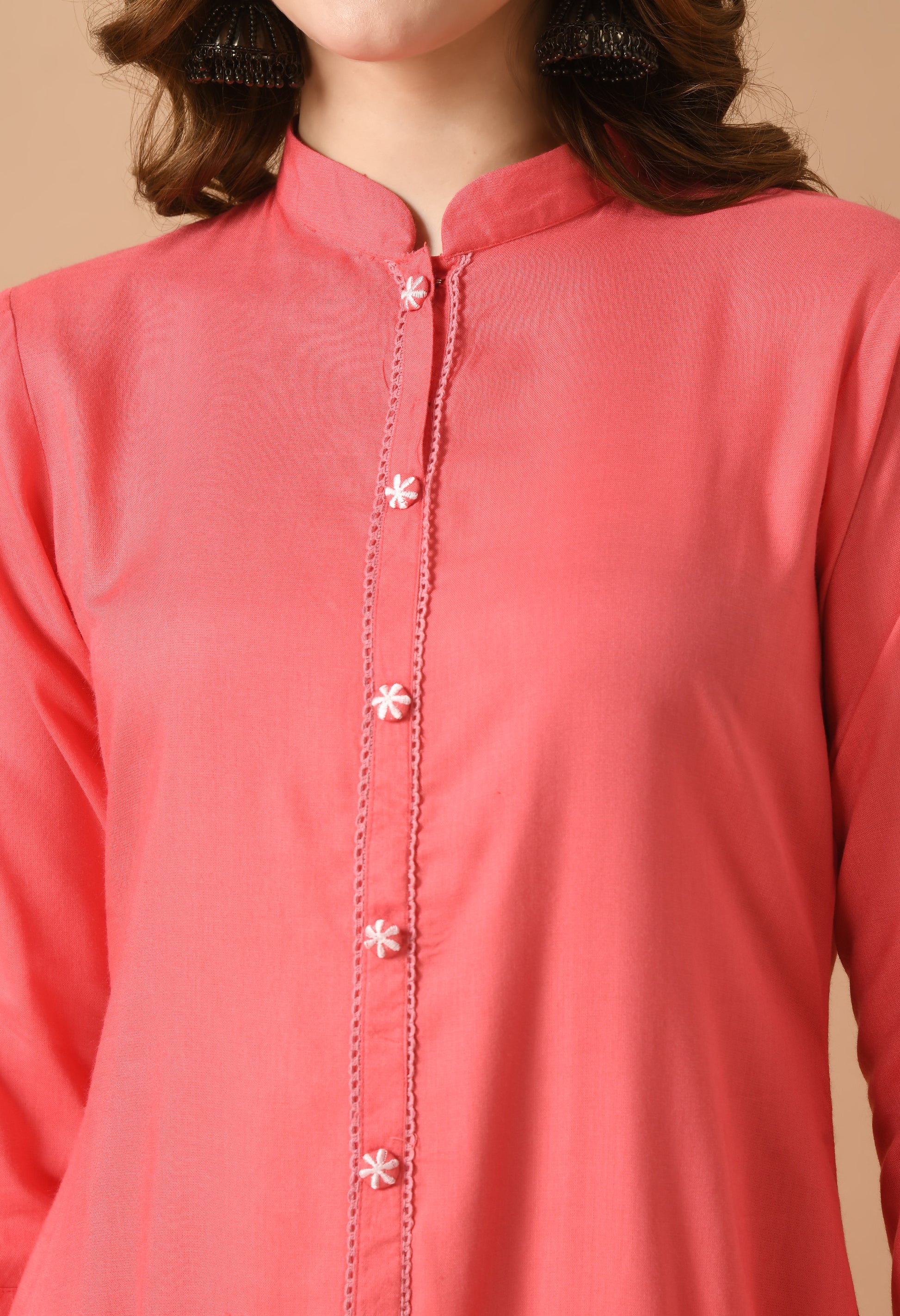 Pink Cotton Self Design Collar Kurta Set