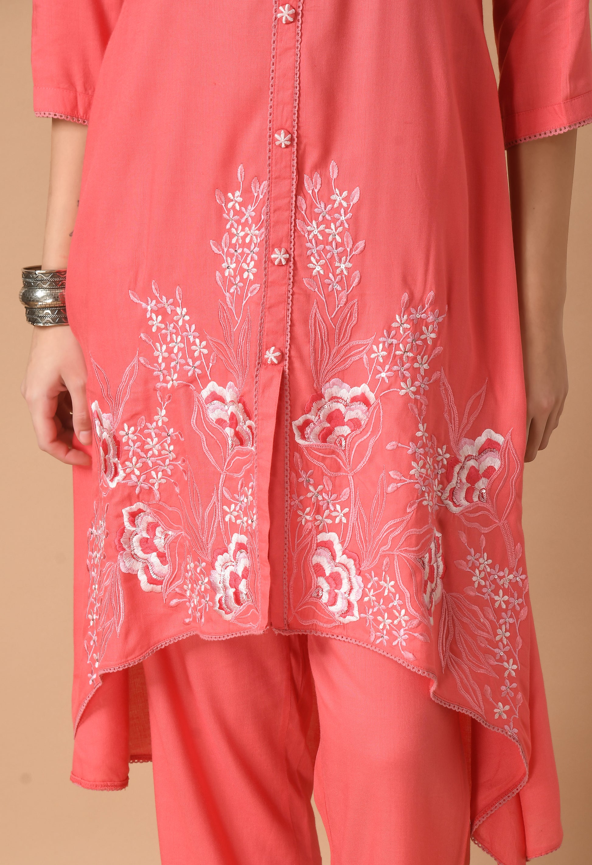 Pink Cotton Self Design Collar Kurta Set