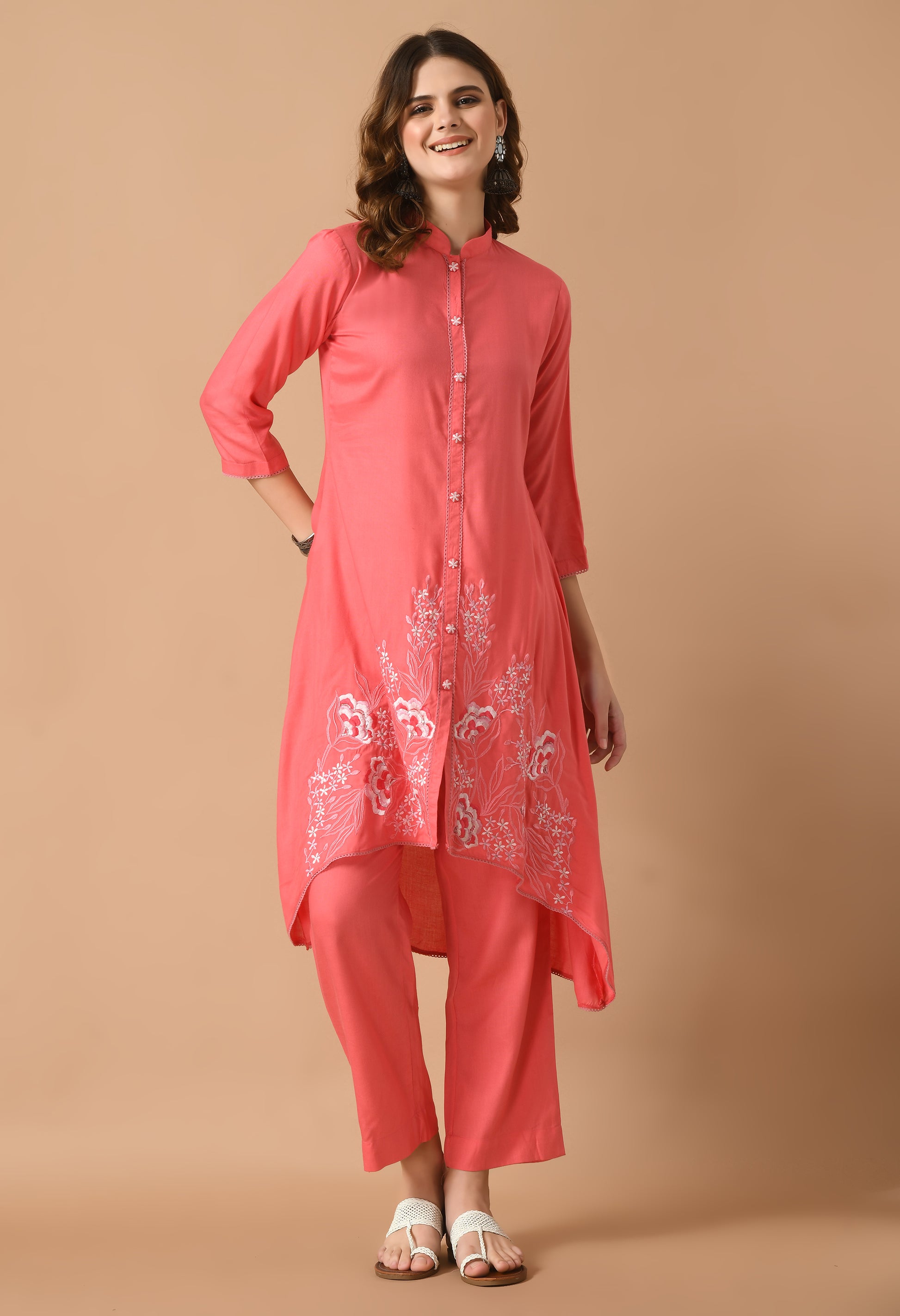 Pink Cotton Self Design Collar Kurta Set