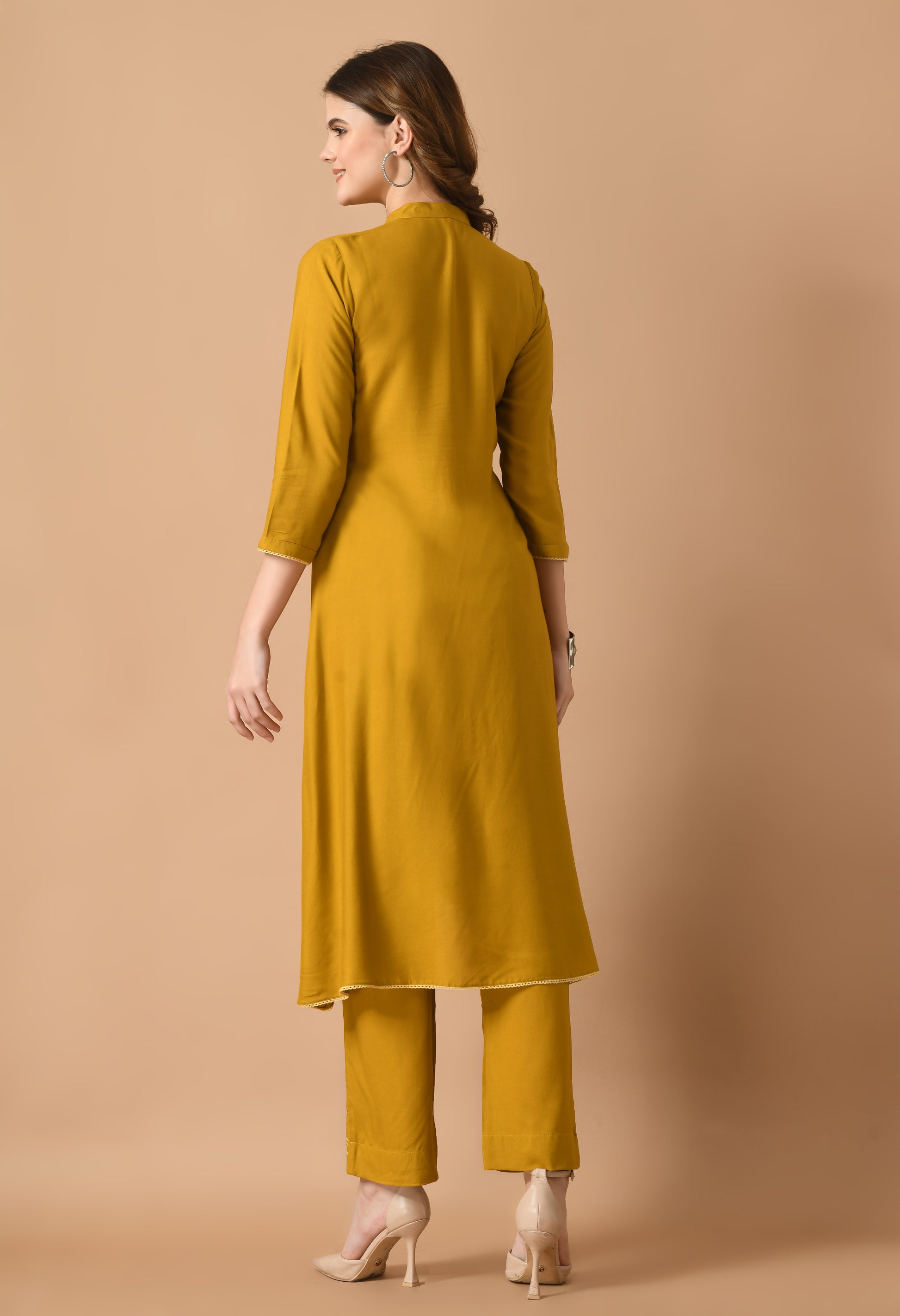 Mustard Cotton Self design Collar Kurta Set