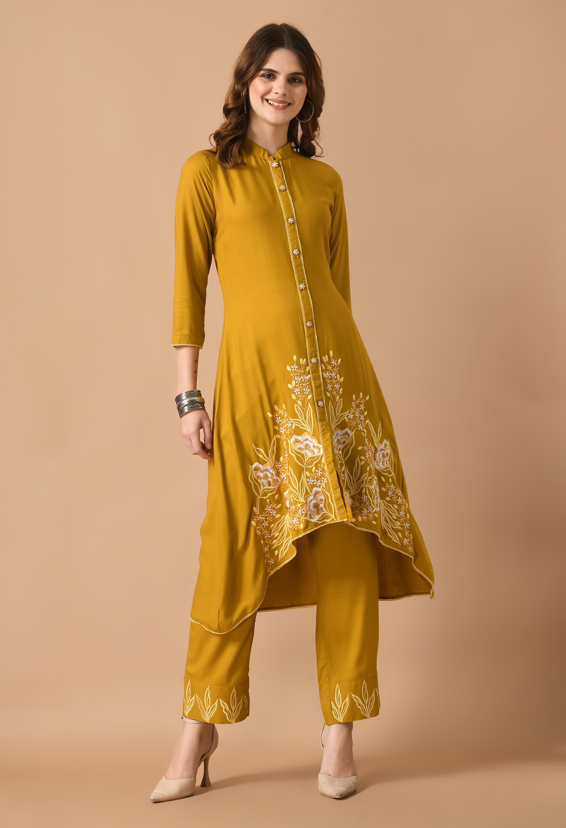 Mustard Cotton Self design Collar Kurta Set