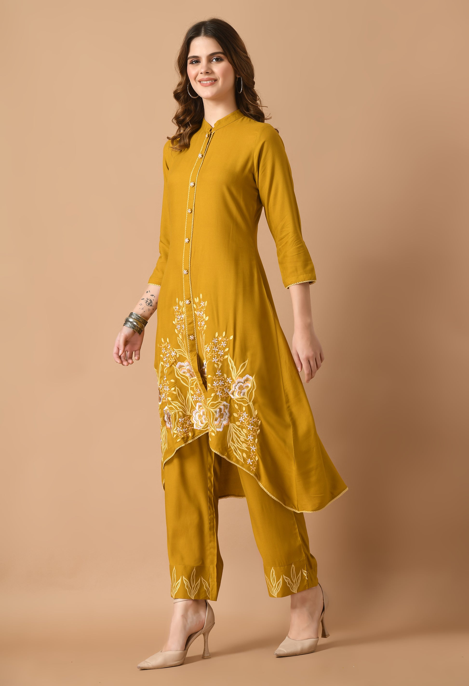 Mustard Cotton Self design Collar Kurta Set