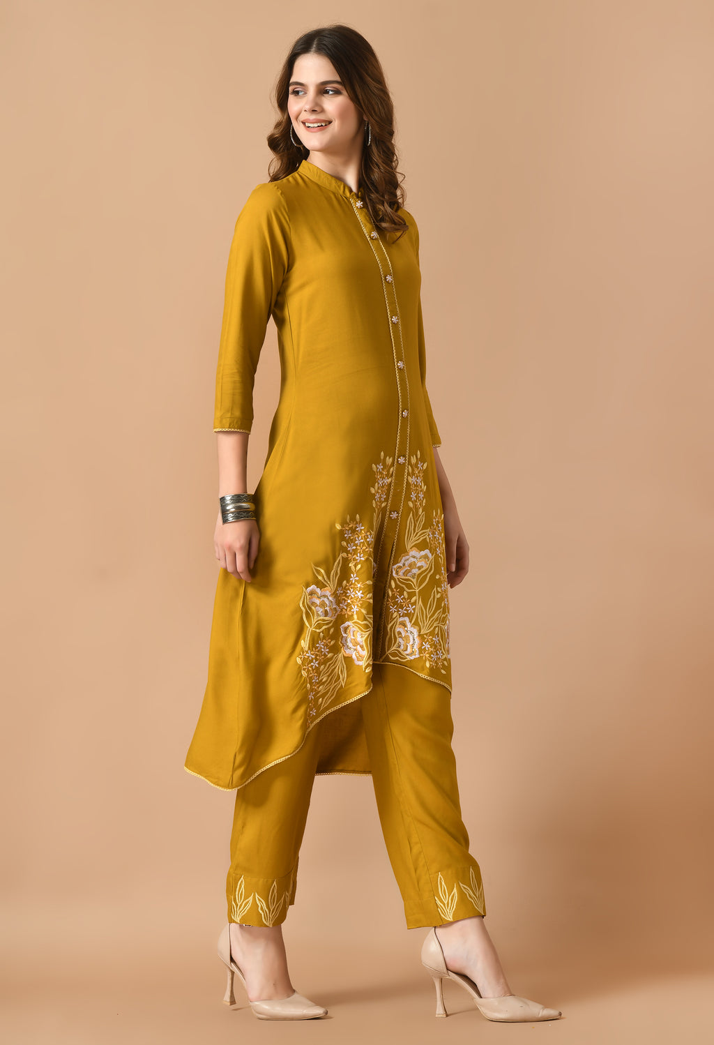 Mustard Cotton Self design Collar Kurta Set