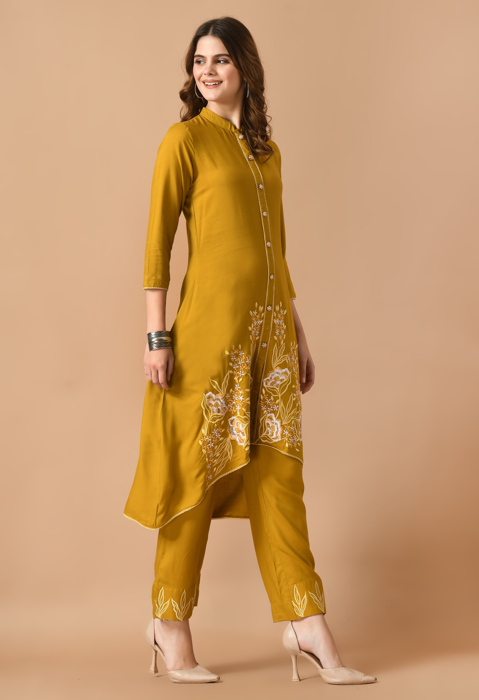 Mustard Cotton Self design Collar Kurta Set