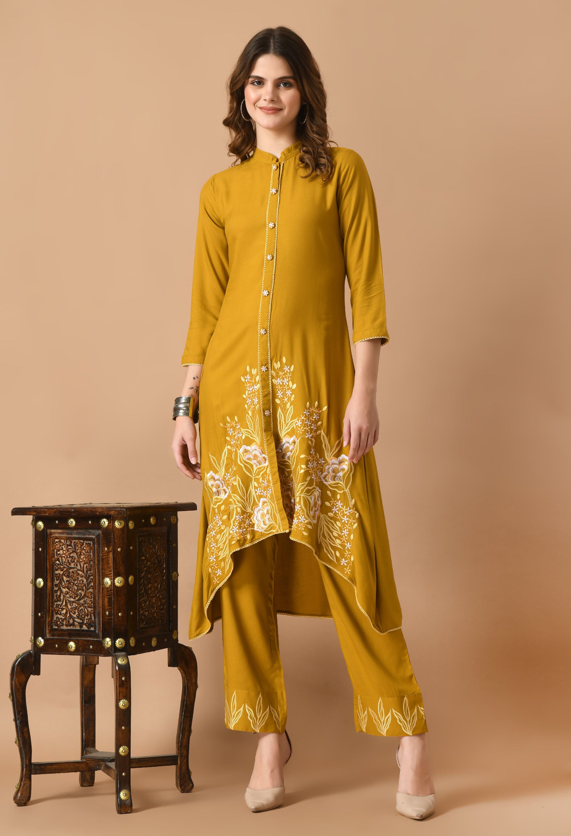 Mustard Cotton Self design Collar Kurta Set