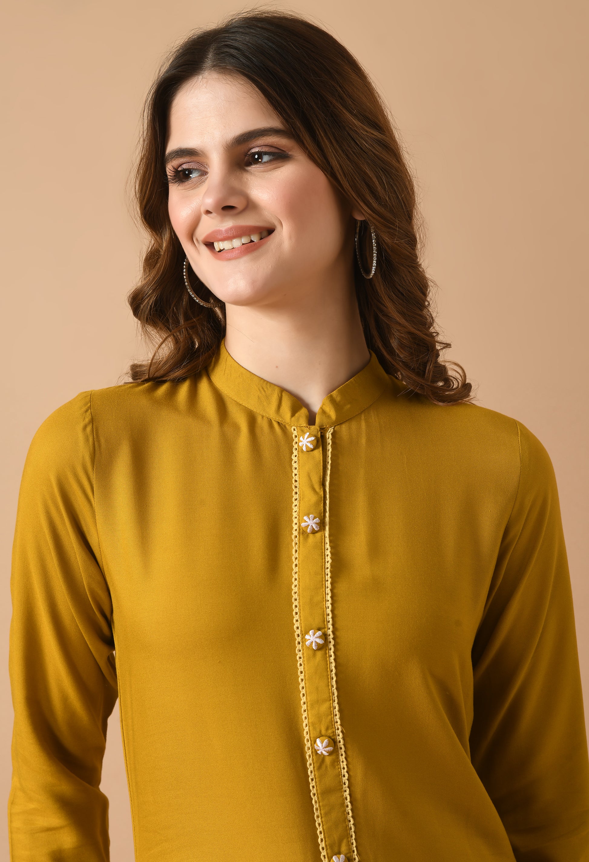 Mustard Cotton Self design Collar Kurta Set
