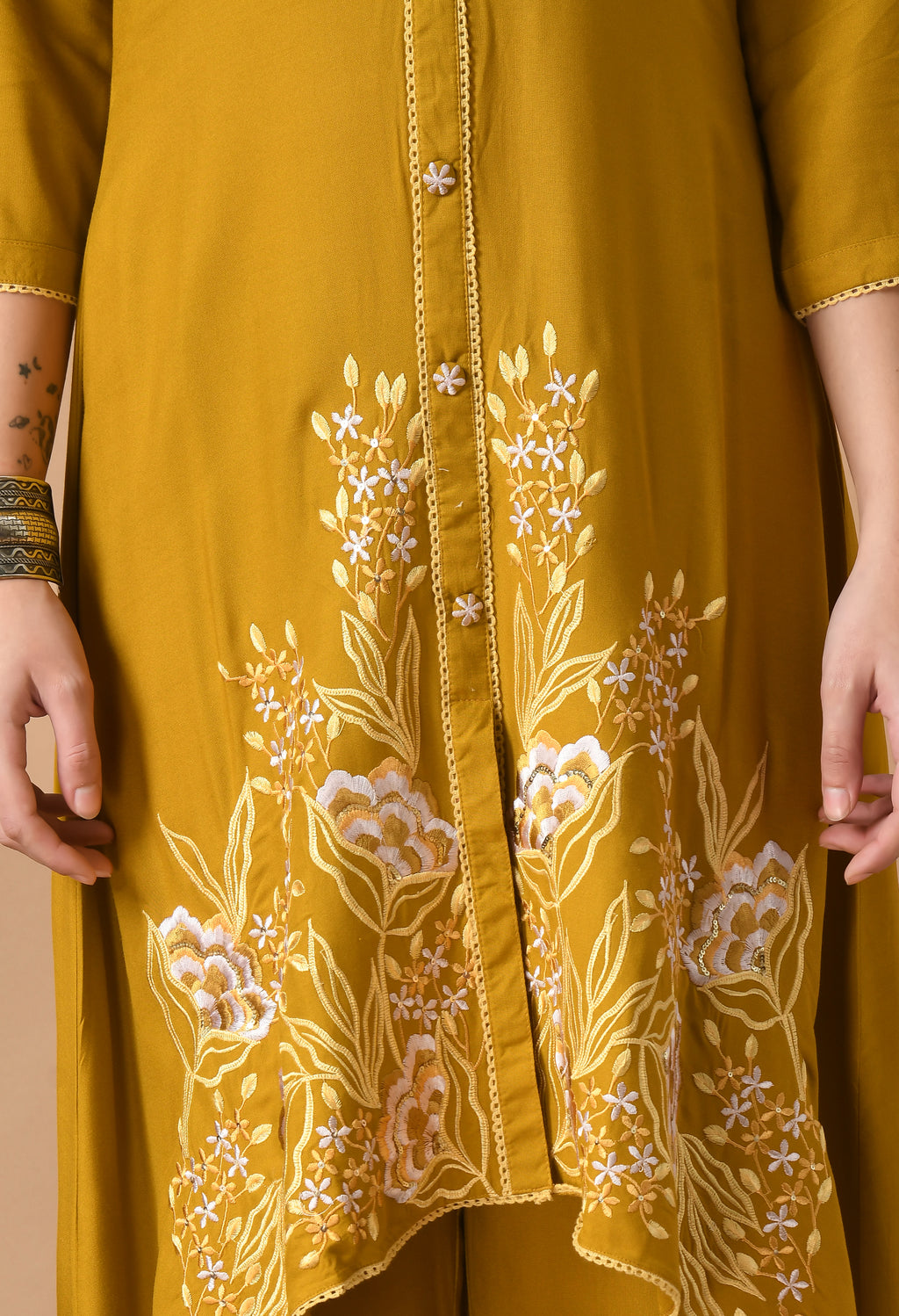 Mustard Cotton Self design Collar Kurta Set