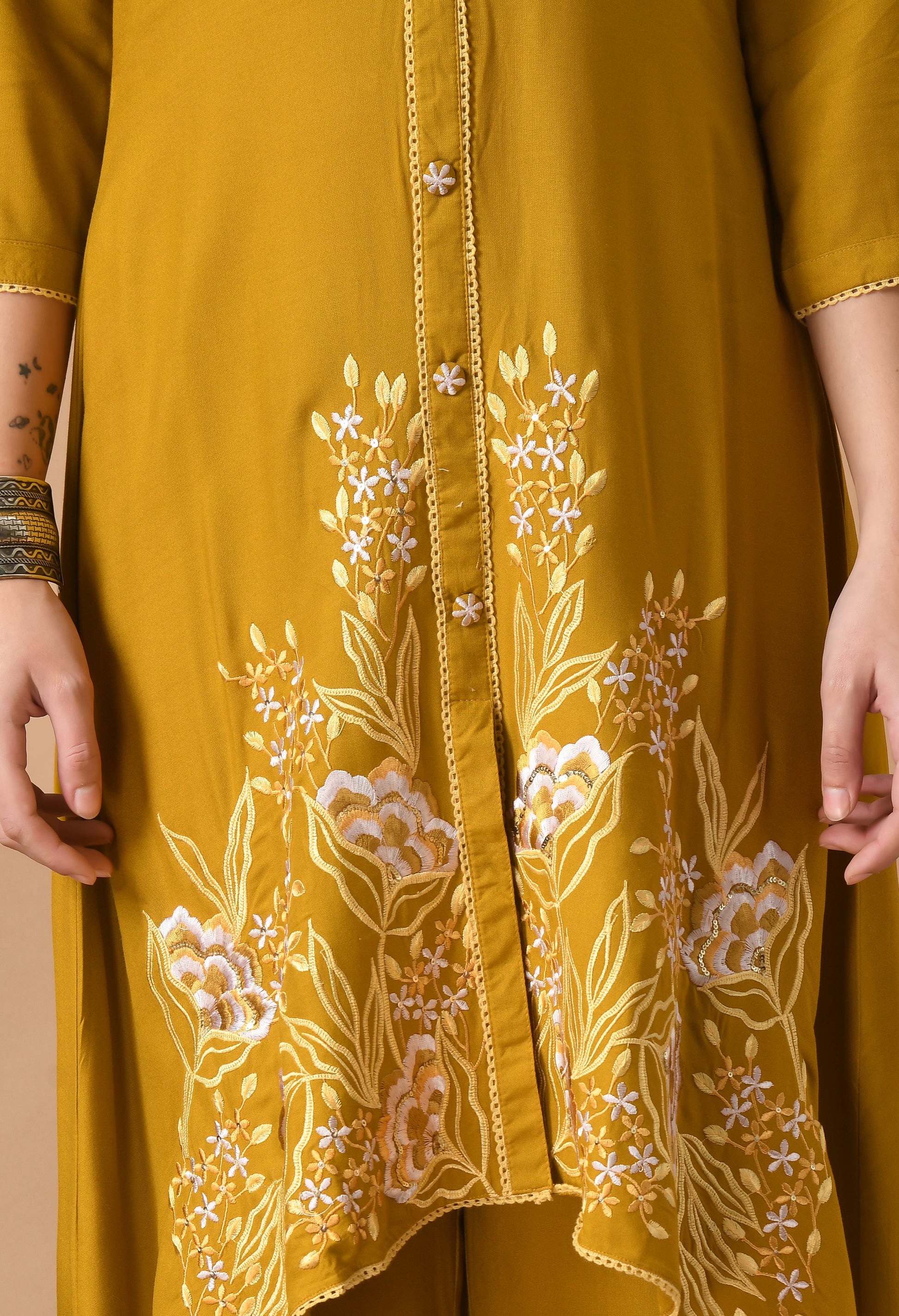 Mustard Cotton Self design Collar Kurta Set