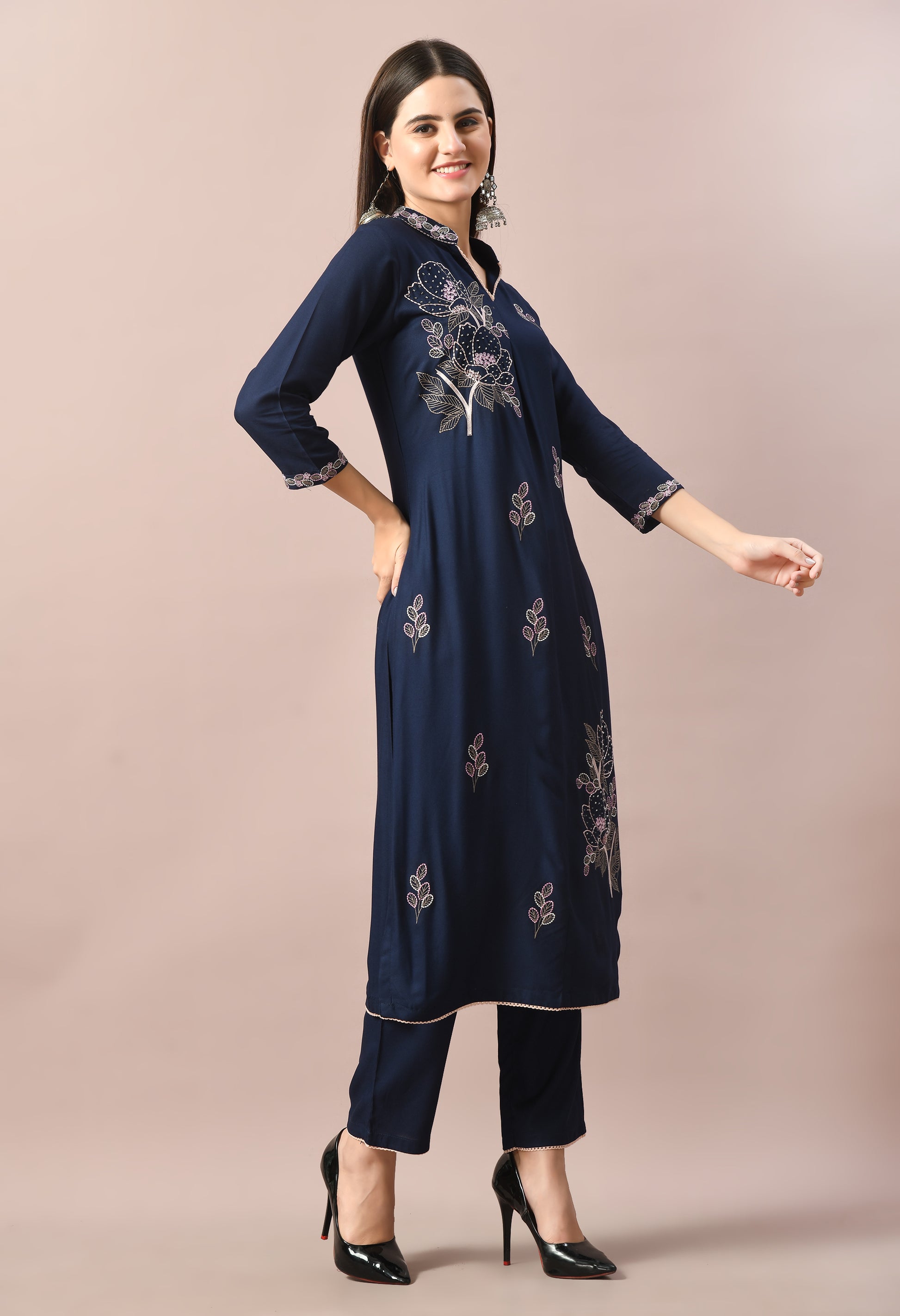 Navy Cotton Self Design Collar Kurta Set